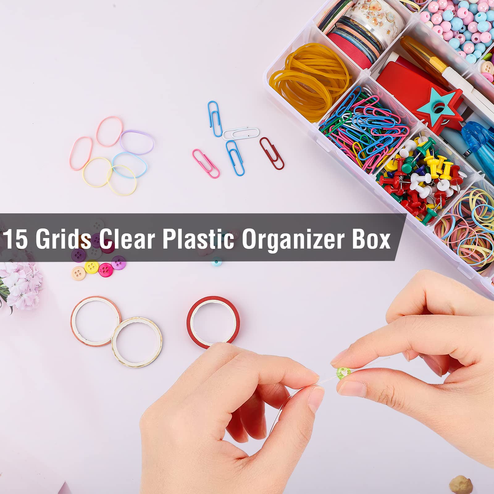 Exptolii Caja organizadora de plástico con 15 rejillas grandes con divisores, paquete de 2 contenedores transparentes para cintas washi, cuentas, manualidades, joyas, aparejos de pesca, tamaño 11 x