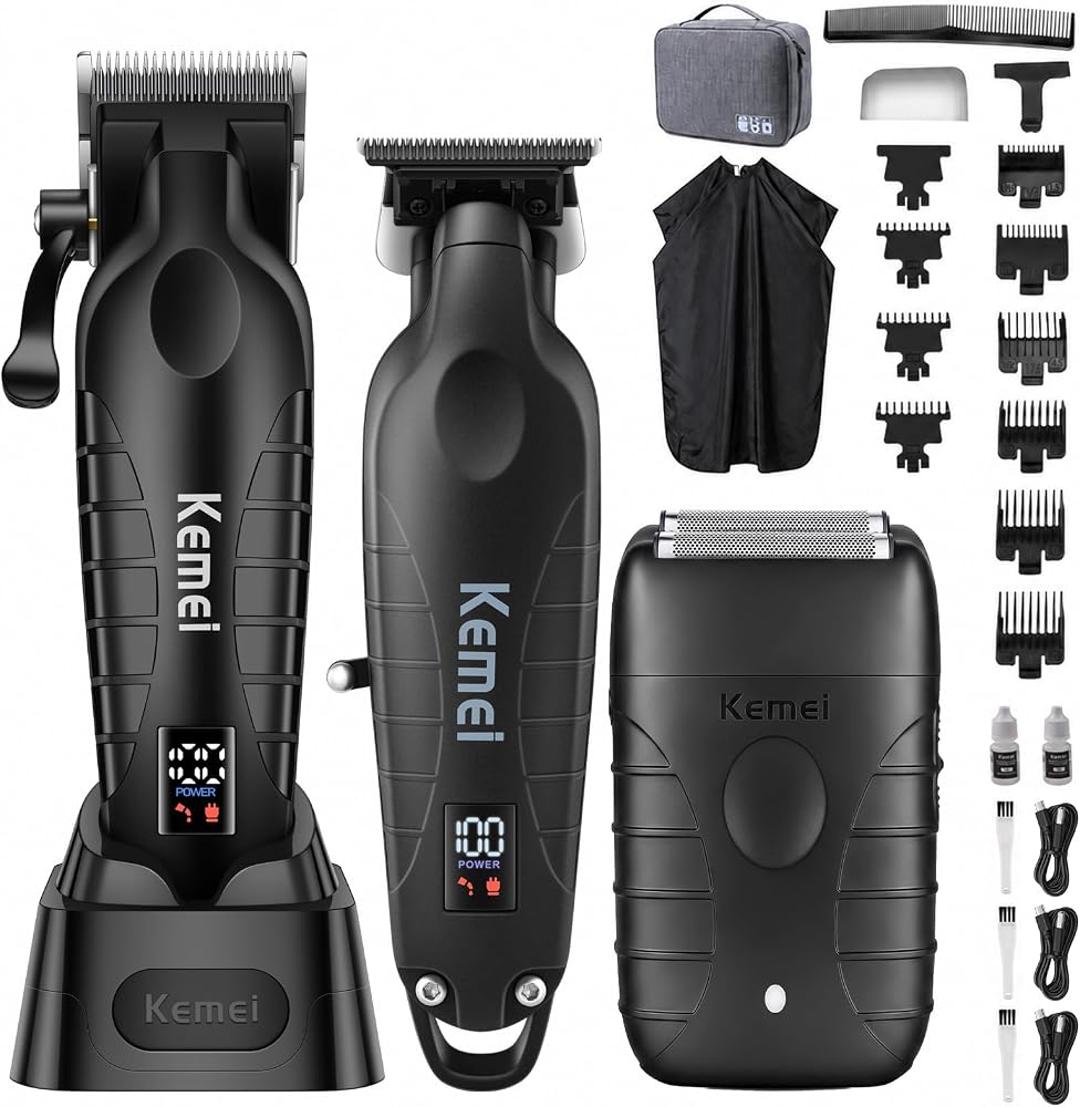 KEMEI KM-2293 3피스 무선 이발소 키트, 포일 면도기 포함, 블랙 — 사진 1
