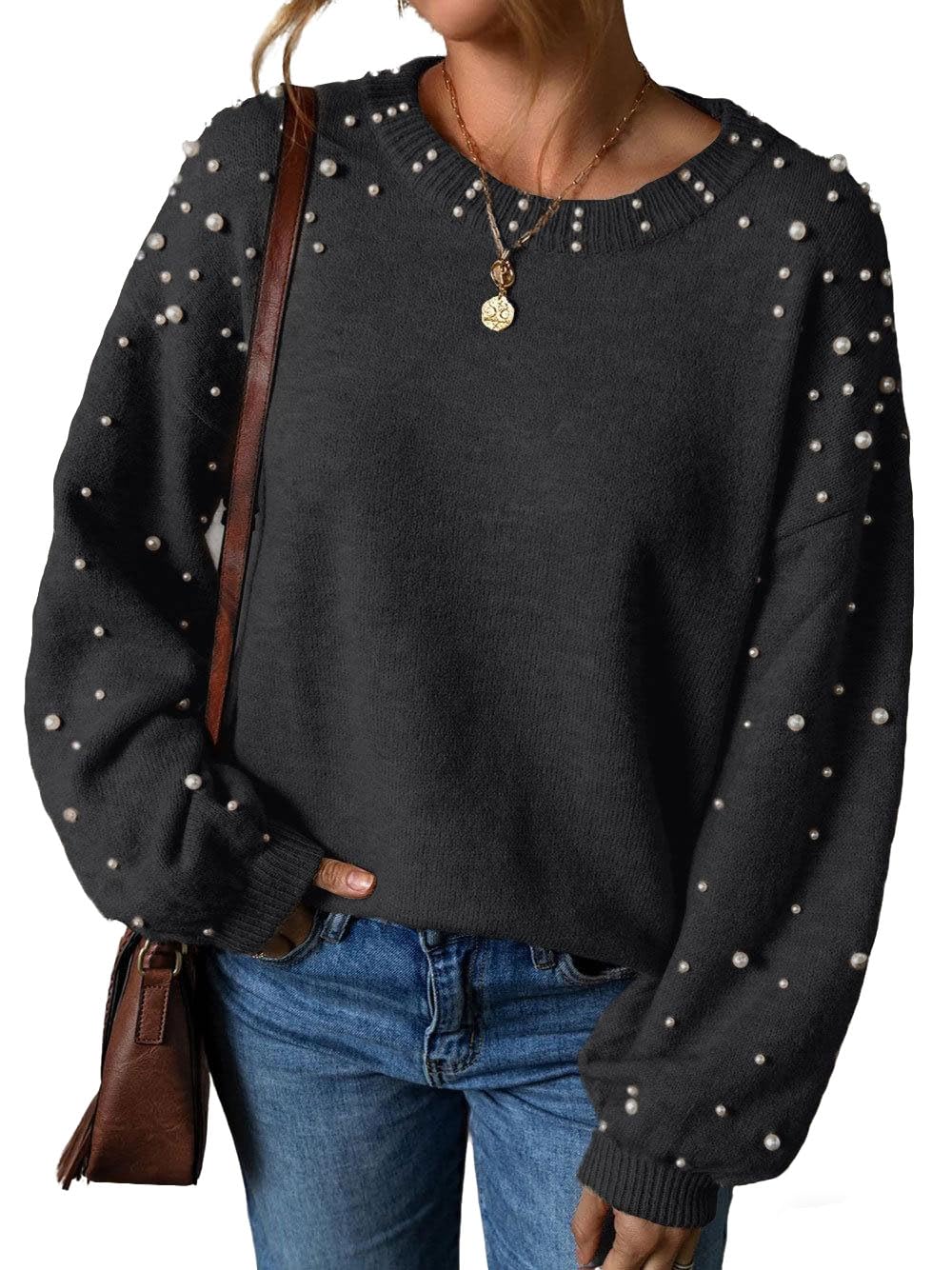 Womens Casual Slouchy Cropped Pullover Sweater Long Sleeve Crewneck Loose Fit Ribbed Knit Sweaters with Pearls