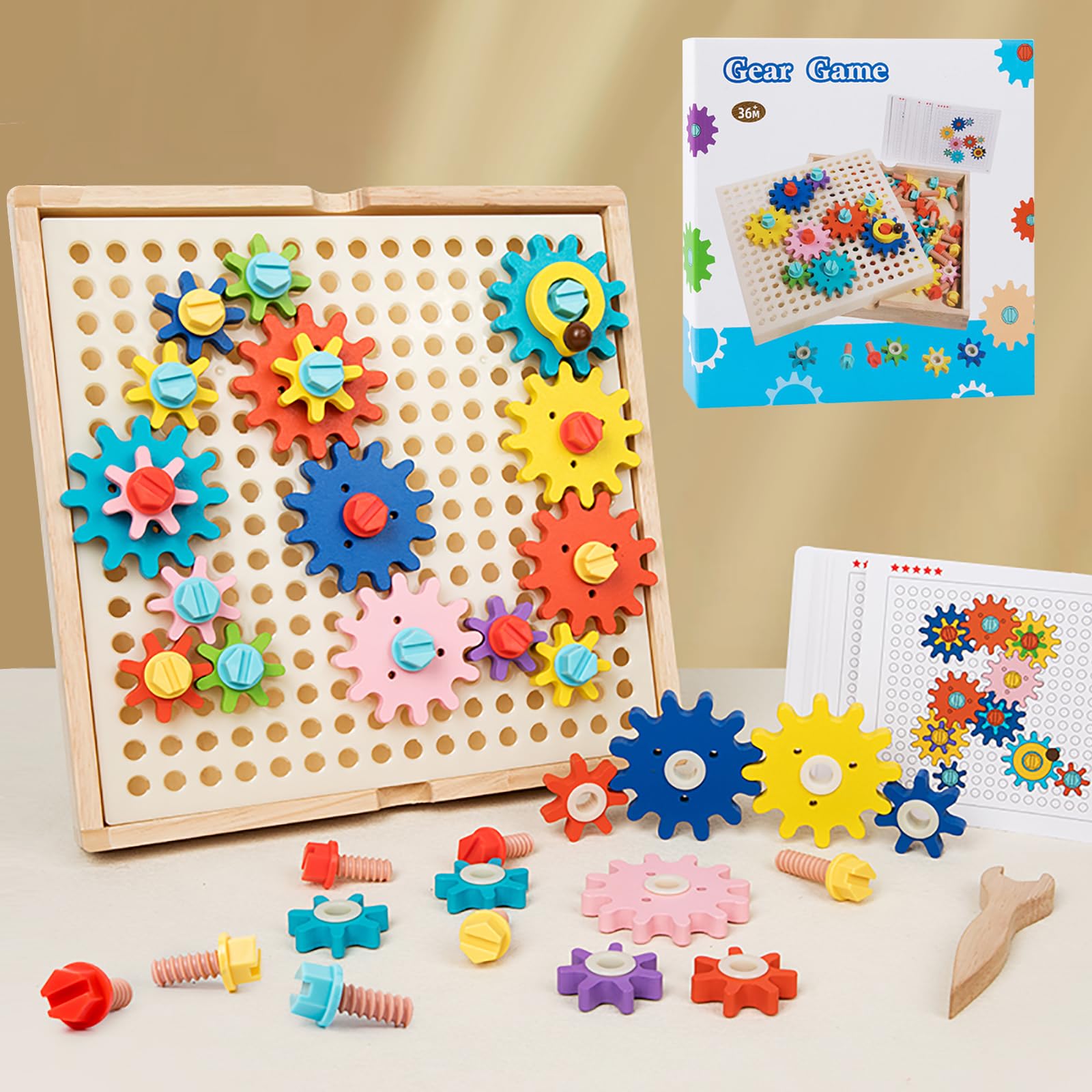Gioco Ingranaggi in Legno, Tavola di Legno Ingranaggi Impilabili, Puzzle di Attrezzature, Giocattolo Montessori da 3 anni Set, Giocattoli in Legno STEM, Giocattolo Rotante Regalo per Ragazzi e Ragazze