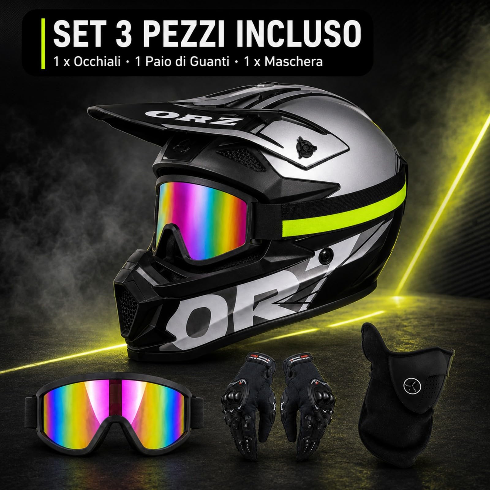 Casco Cross argento, nero e giallo neon con Occhiali e Guanti