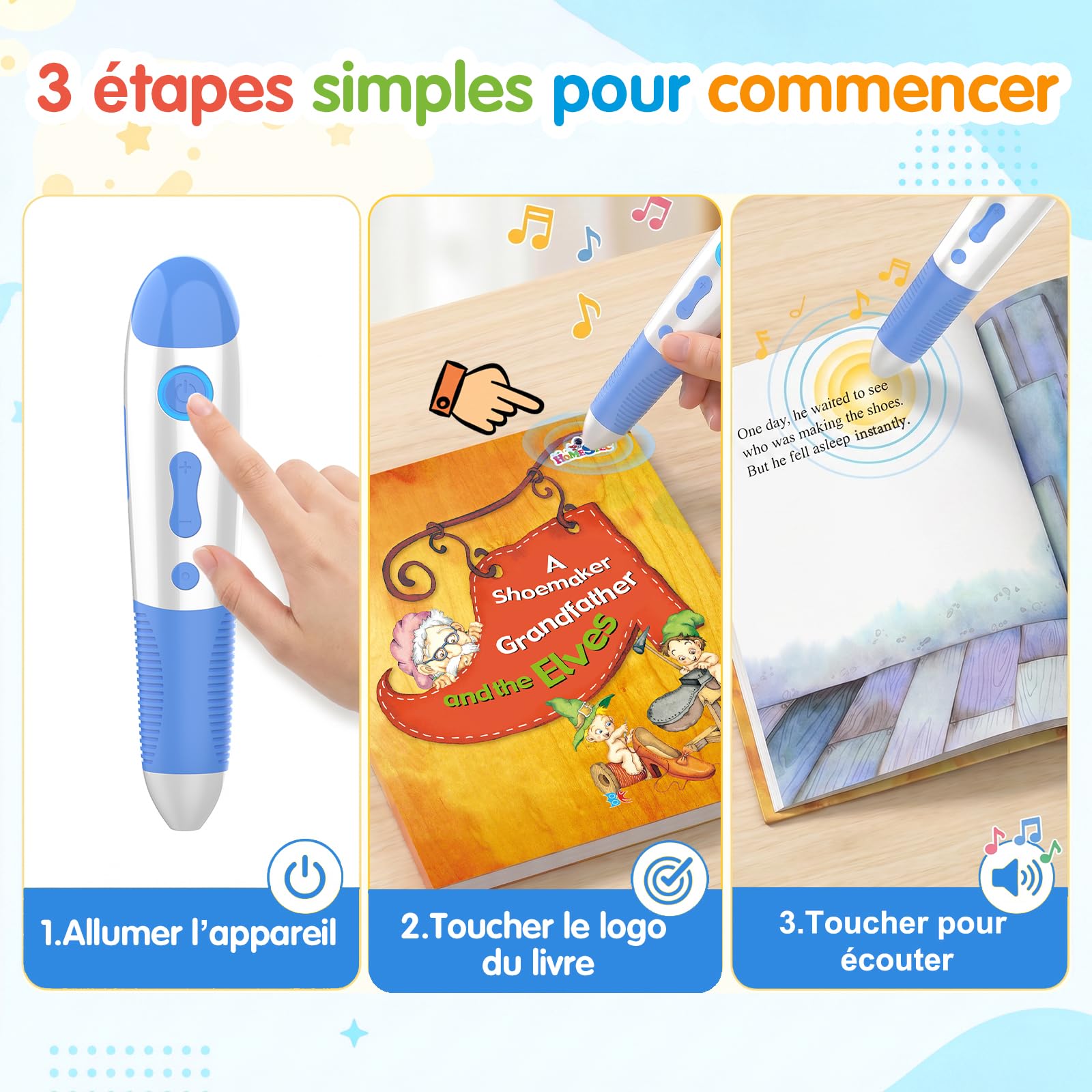 Stylo Audio Interactif avec 10 Livres d’Histoires en Anglais, Livres Sonores à Toucher, Histoires Audio pour Enfants, Jouet Éducatif sans Écran, Rechargeable USB-C
