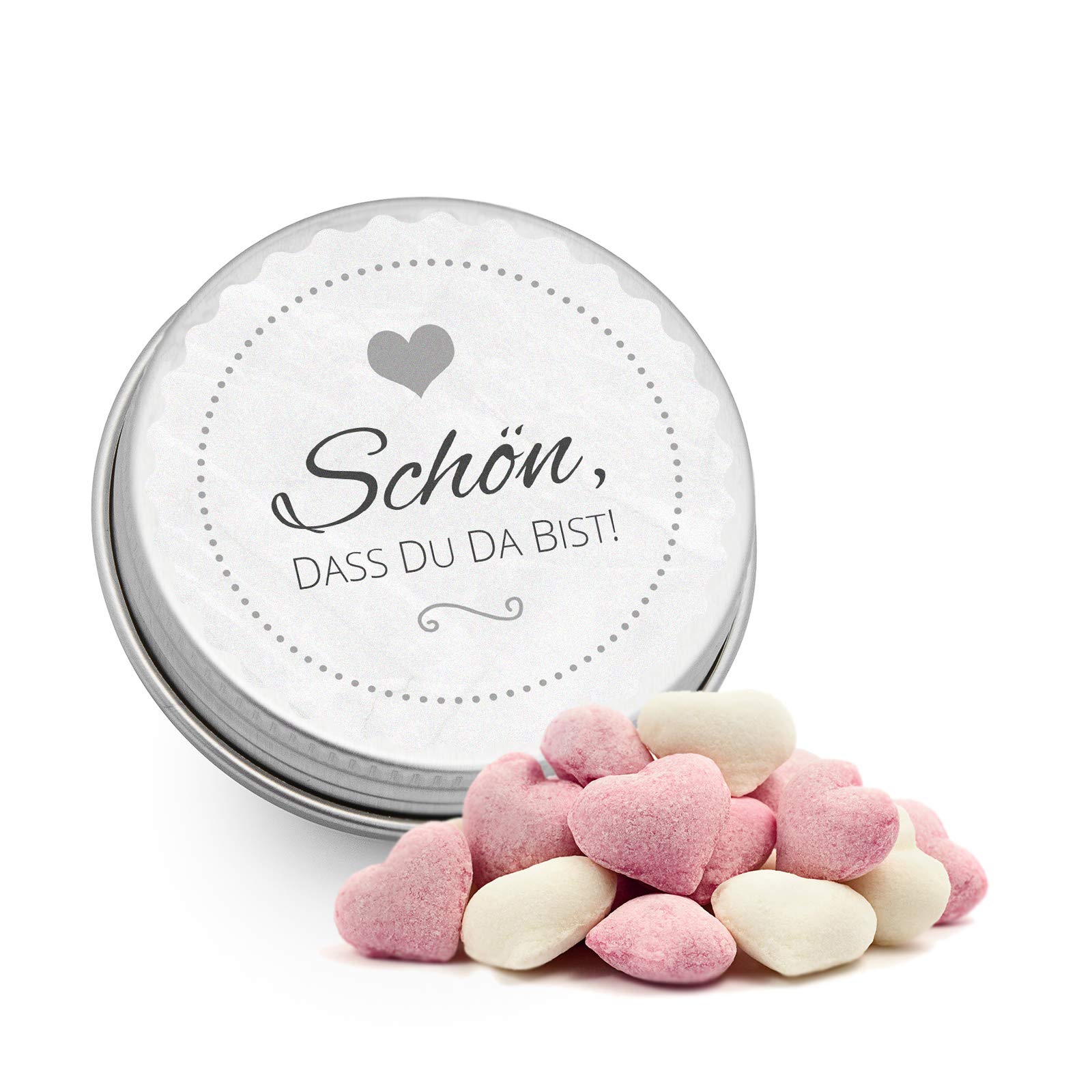 DeinBonbon 20x Gastgeschenk Mini Dose DIY Süßigkeiten und Stickerbogen | Hochzeit, Geburtstag, Taufe & Kommunion (Weiss, Himbeer Joghurt Herzen Bonbons)