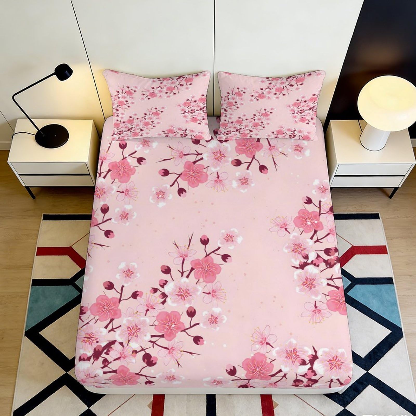 3D Printed Cherry Blossom Fitted Sheet Microfiber Soft Breathable Floral Branch Bed Cover for Bedroom Dormitory Guest Room Mattress Protection Decor 90x200x25cm