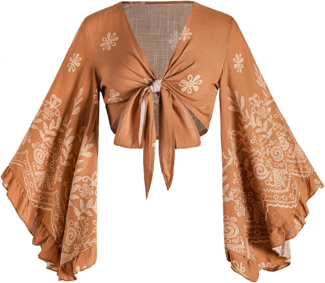 Women's Boho Tops Western Country Concert Outfits Tie Front Long Bell Sleeve Tops 70s Hippie Disco Clothes