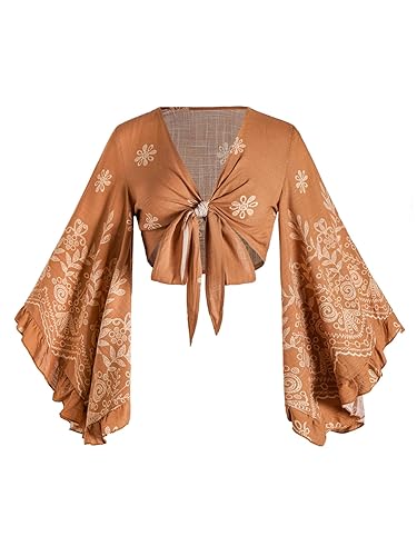 BEAUDRM Women's Boho Tops Western Country Concert Outfits Tie Front Long Bell Sleeve Tops 70s Hippie Disco Clothes - Medium - Brown Flower