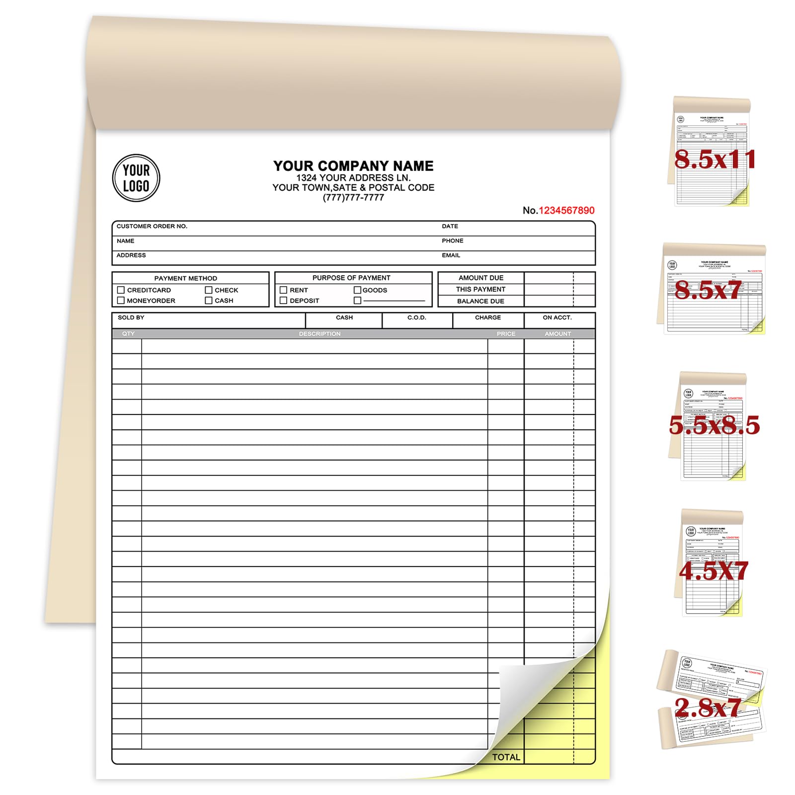 Custom Invoice Book for Small Business,8.5 x11 Inches Invoice Receipt Book, 2-Part Carbonless Forms, Personalised Company Name, Address, Phone Number