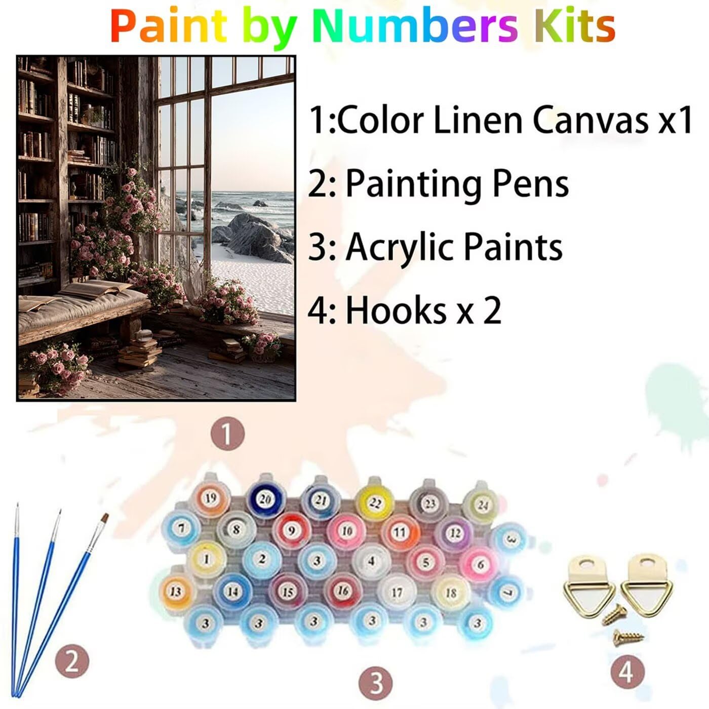 Malen Nach Zahlen Erwachsene, Malen Nach Zahlen Bücherregal Leinwand Bilder Basteln Erwachsene Strand mit Farbe Leinwand zum Bemalen 70 x 95cm, Paint by Numbers als WandDeko wohnzimmer 8YH-5109