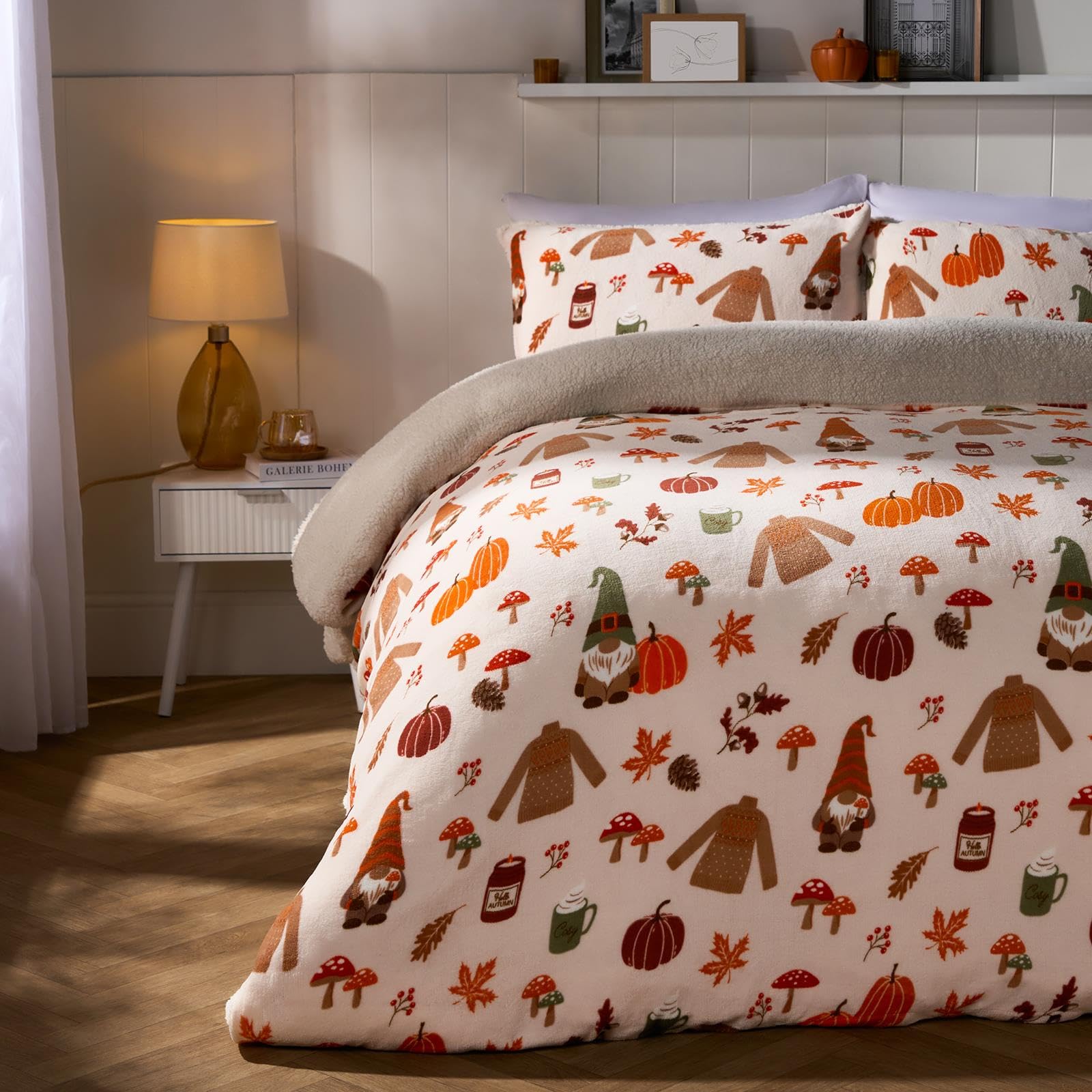 OHS Gonk Bedding Fleece Duvet Cover Double, Super Soft Cosy Winter Warm Autumn Pumpkin Gonk Print Fleece Bedding Sherpa Reversible Double Duvet Set with Matching Pillowcases, Rust