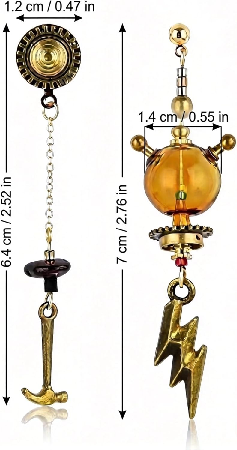 Mismatched Steampunk Gear Lightning Bolt Earrings, Industrial Brass Dangle Jewelry for Women, Unique Science Gift