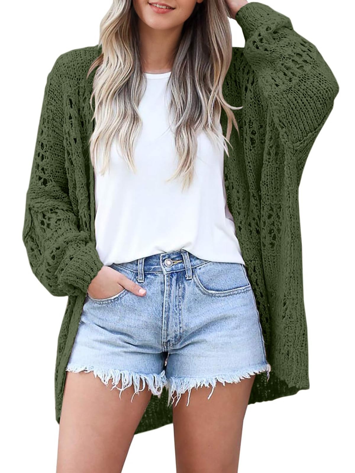 Womens Summer Crochet Lightweight Cardigan Coverups Boho Kimono Long Sleeve Open Front Knitted Outwear Cover up Outfits