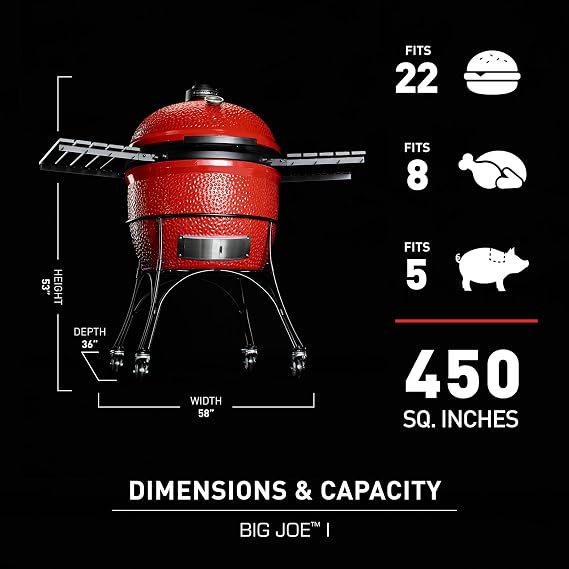 Kamado Joe Big Joe Series I 24-inch Ceramic Charcoal Grill and Smoker with Cart, Side Shelves, Stainless Steel Grates and 450 Cooking Square Inches in Red, Model BJ24Rh