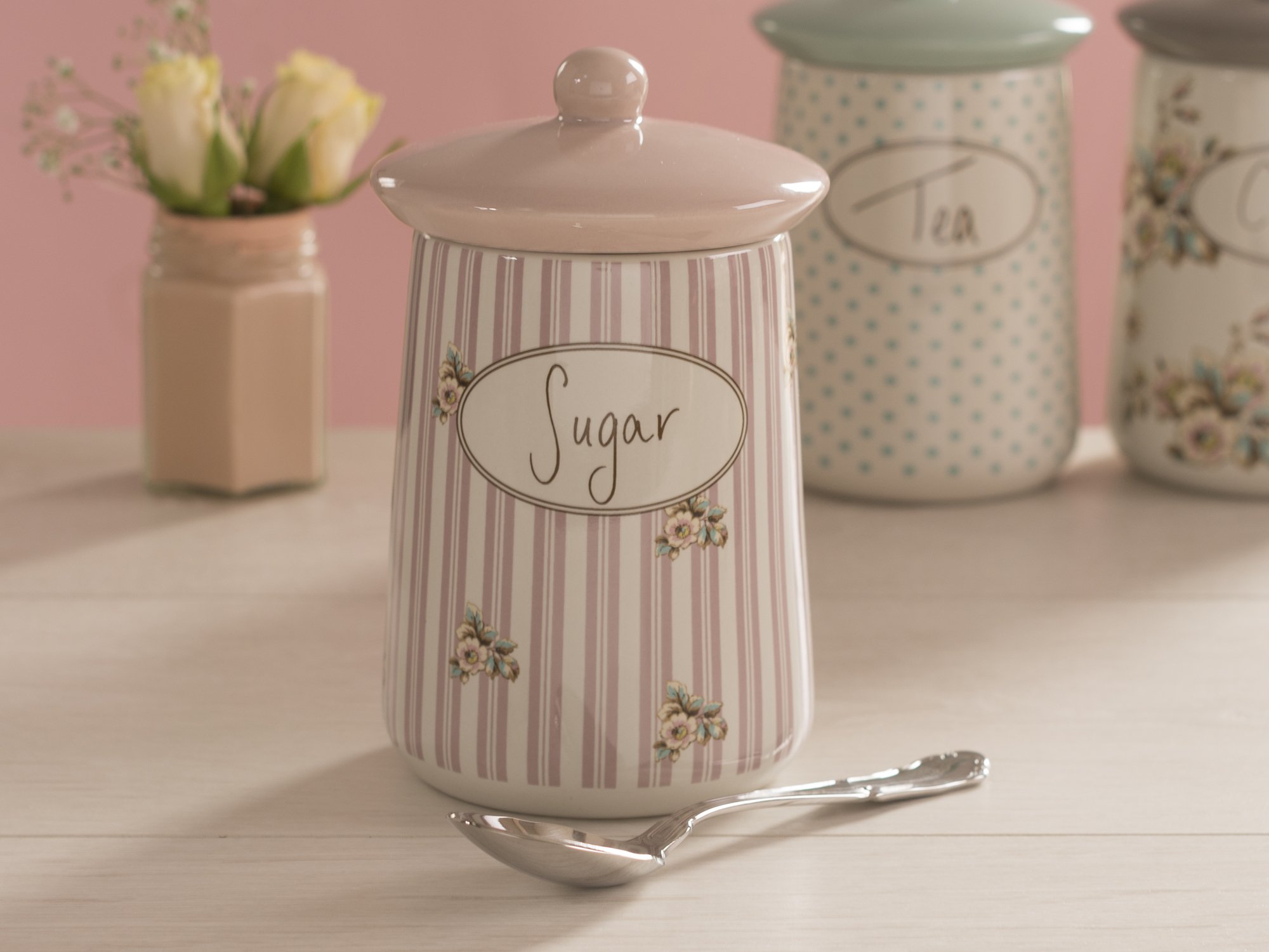 【英国キッチン雑貨】Katie Alice セラミックキャニスター3点セット Katie Alice “Cottage Flower” Ceramic Sugar Jar by Creative Tops