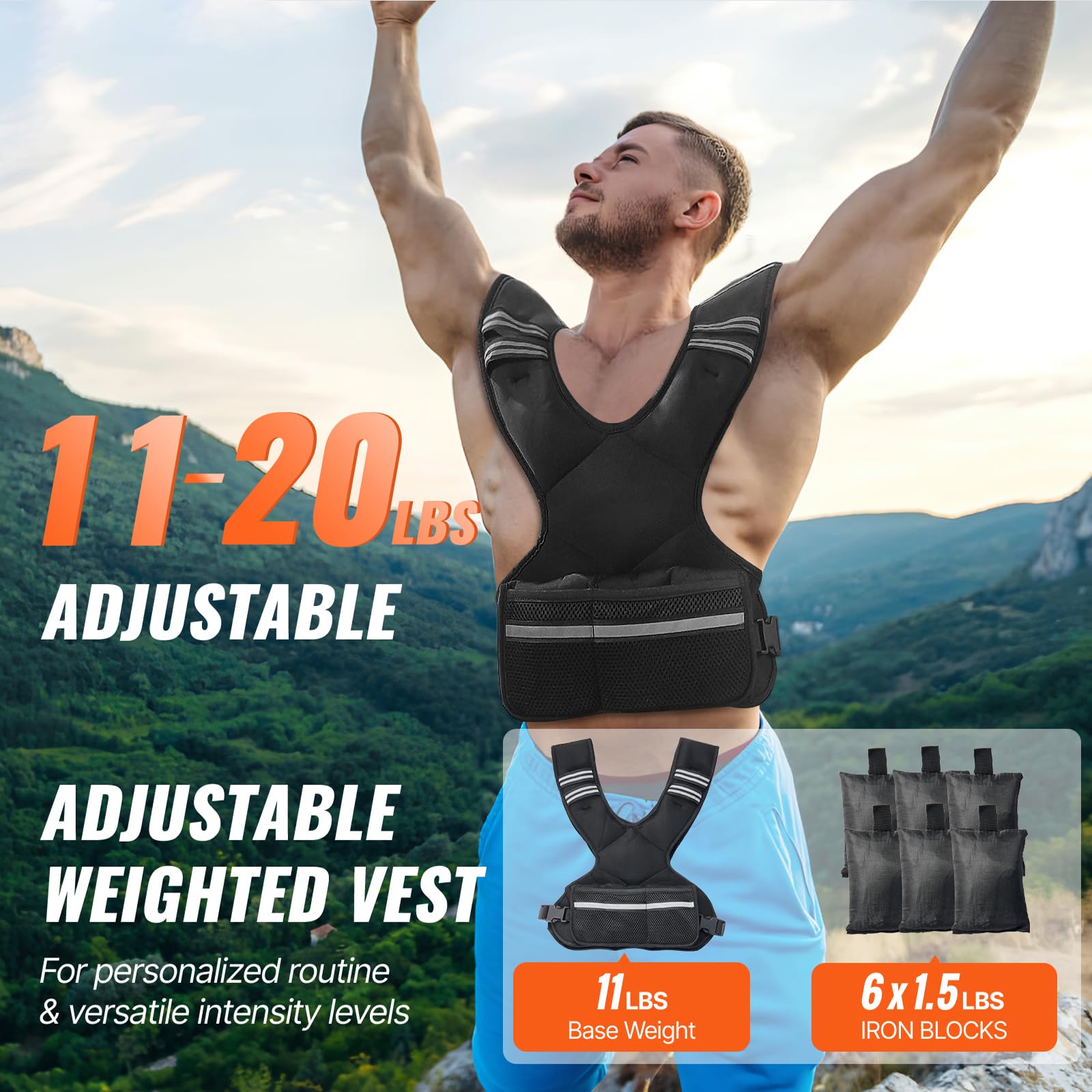 Happybuy Adjustable Weighted Vest, 11-20lb Weight, 6 Ironsand Weights, Reflective Stripe, Weight Vest Exercise Set, for Men Women, for Strength Training Running Jogging