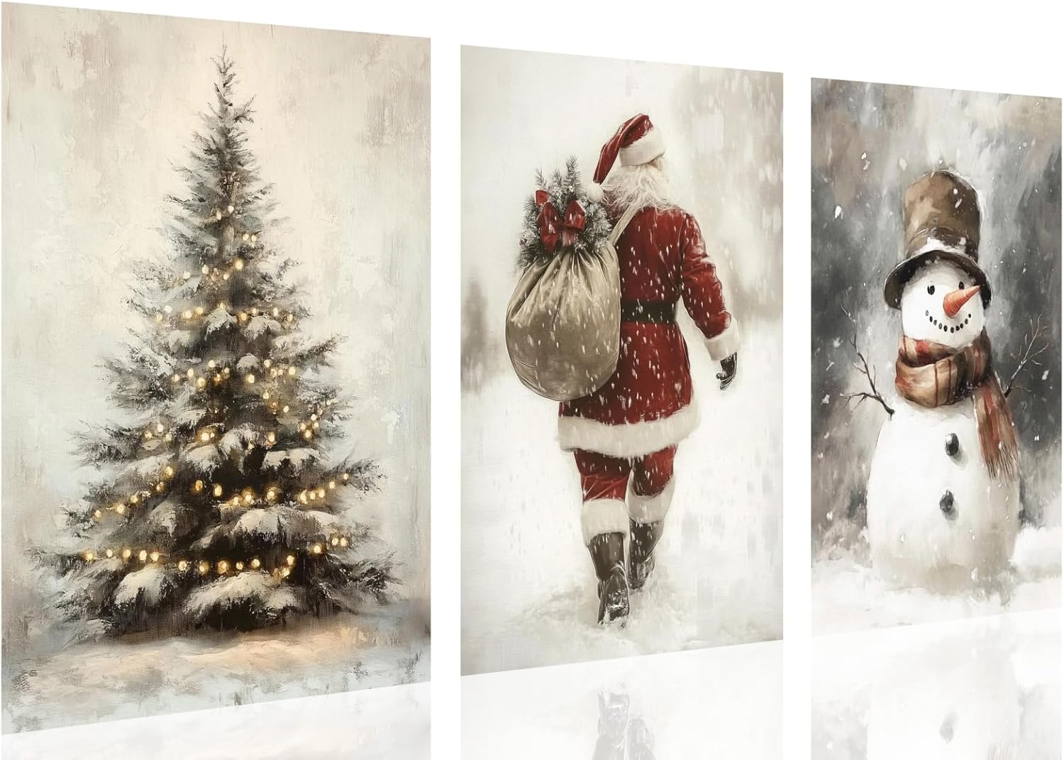 Vintage Santa Claus Snowman and Christmas Tree Canvas Wall Art Pictures Set of 3 Holiday Farmhouse Christmas Decorations Snowy Winter Landscape Painting Prints Poster Decor 16x24inch Unframed 16L'' x 24W'' style-2 Unframed