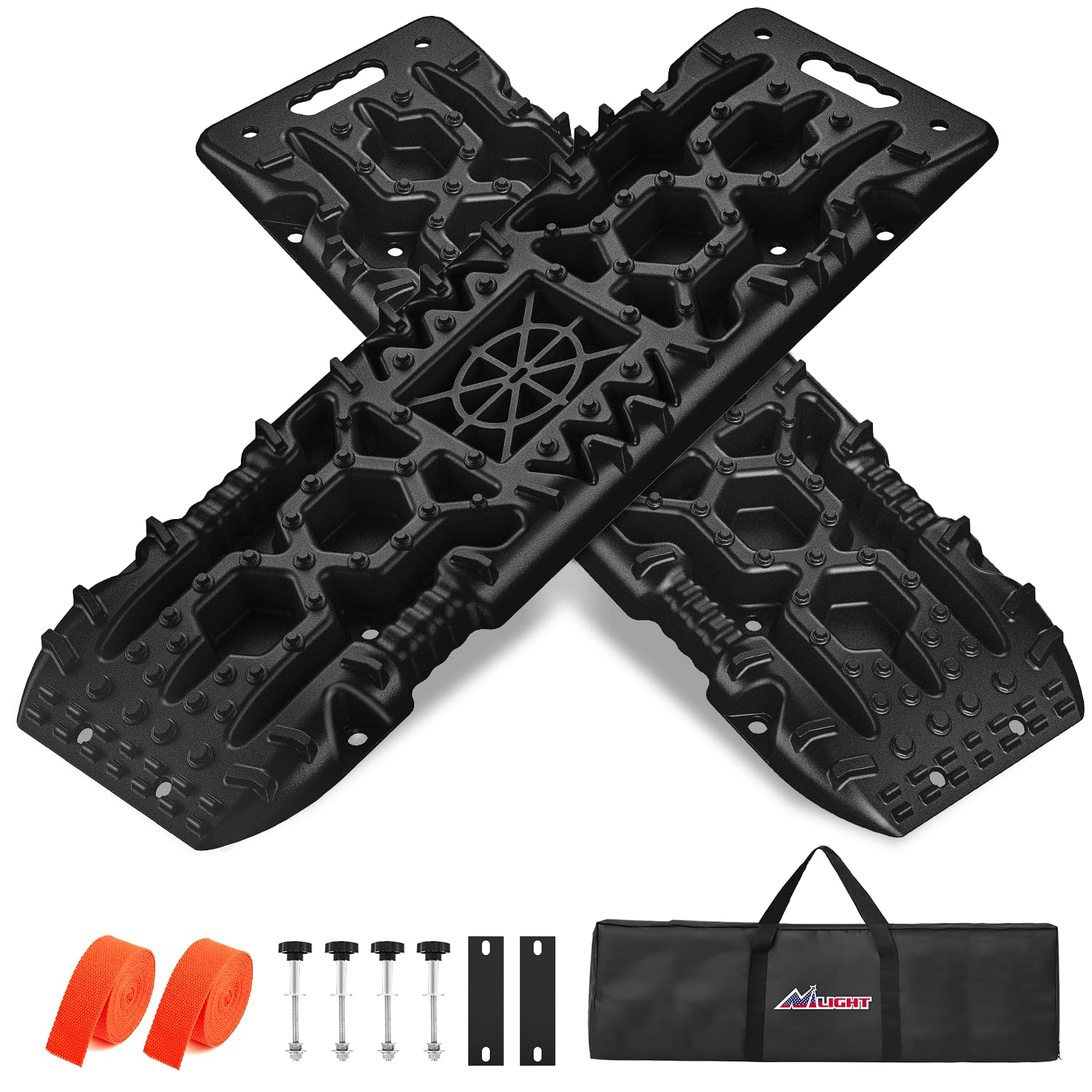 Nilight Recovery Off-Road Traction Boards with Jack Lift Base Emergency Tire Ladder Mats for 4WD 4X4 Mud Sand Snow with 2PCS Mounting kit Carry Bag 2 leashes (Black)