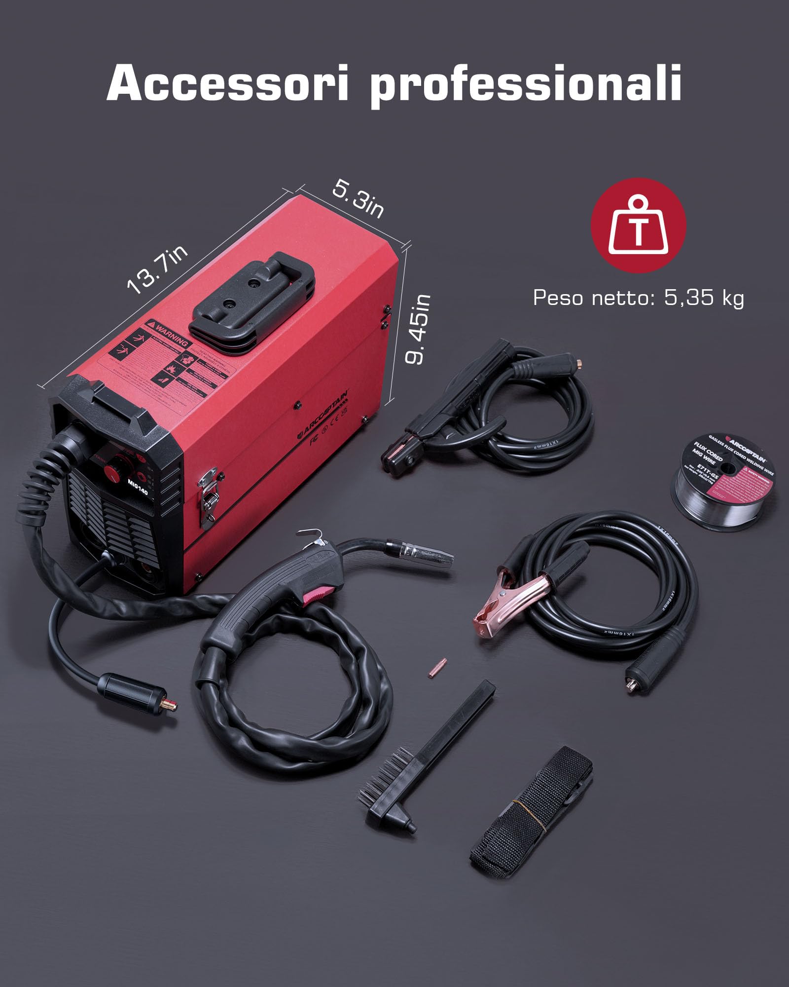 ARCCAPTAIN Saldatrice MIG MAG a Gas Inerte IGBT 140A AC230V Saldatrice a Filo Continuo 5 in 1 con filo animato (FCAW) /MMA E-Hand/Lift TIG con avanzamento filo sinergico e 1 kg di filo animato 0,8 mm