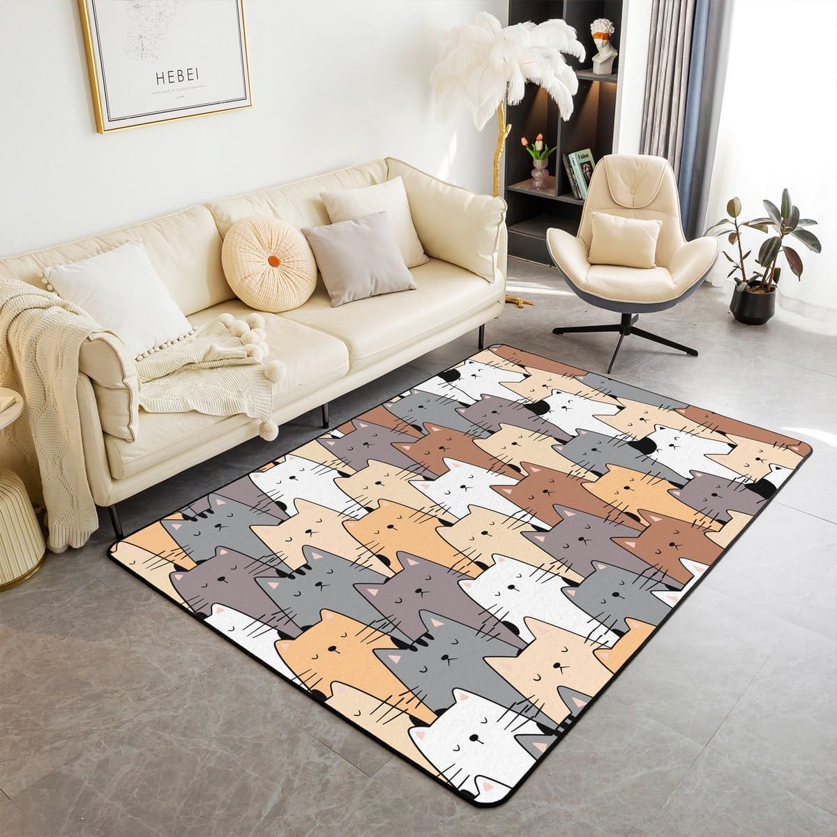 Cartoon Patchwork Cats Area Rug 150cm X 200cm X 1cm Cute Orange Gray White Kitten Non Shedding Rug for Kids Boys Girls Teens Kawaii Hand Drawn Style Animal Hippie Non Slip Rug for Sofa