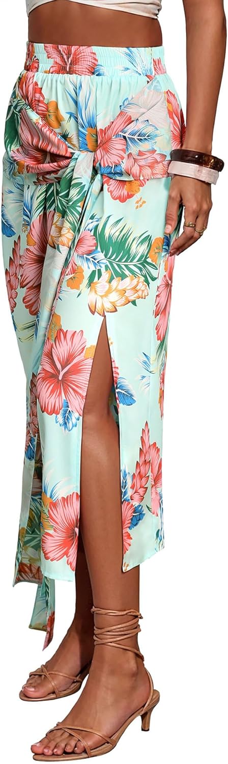Ezcosplay Women Hawaiian Midi Skirt with Slit Tropical Floral Long Skirt Self Bow Tie Vacation Beach Split Skirts - Image 4