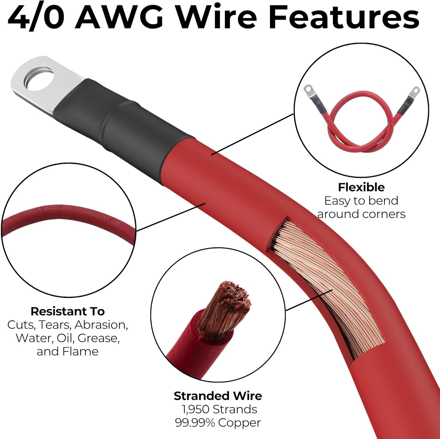 4/0 AWG Battery Cable with Terminals, Pure Copper Wire and Tin-Plated Copper Lugs, Auto, Solar Power Inverter, Welding, Golf Cart, Motorcycle (Red Wire, 1.5 FT (18 in), 3/8" Lugs on Both Ends, 1pc)