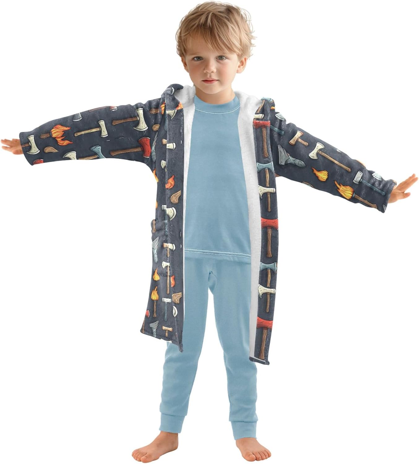 Fire Truck Fire Axe Bathrobe Hooded PJ Robe Plush Fleece Robe Pajama Sleepwear 2-12 Years