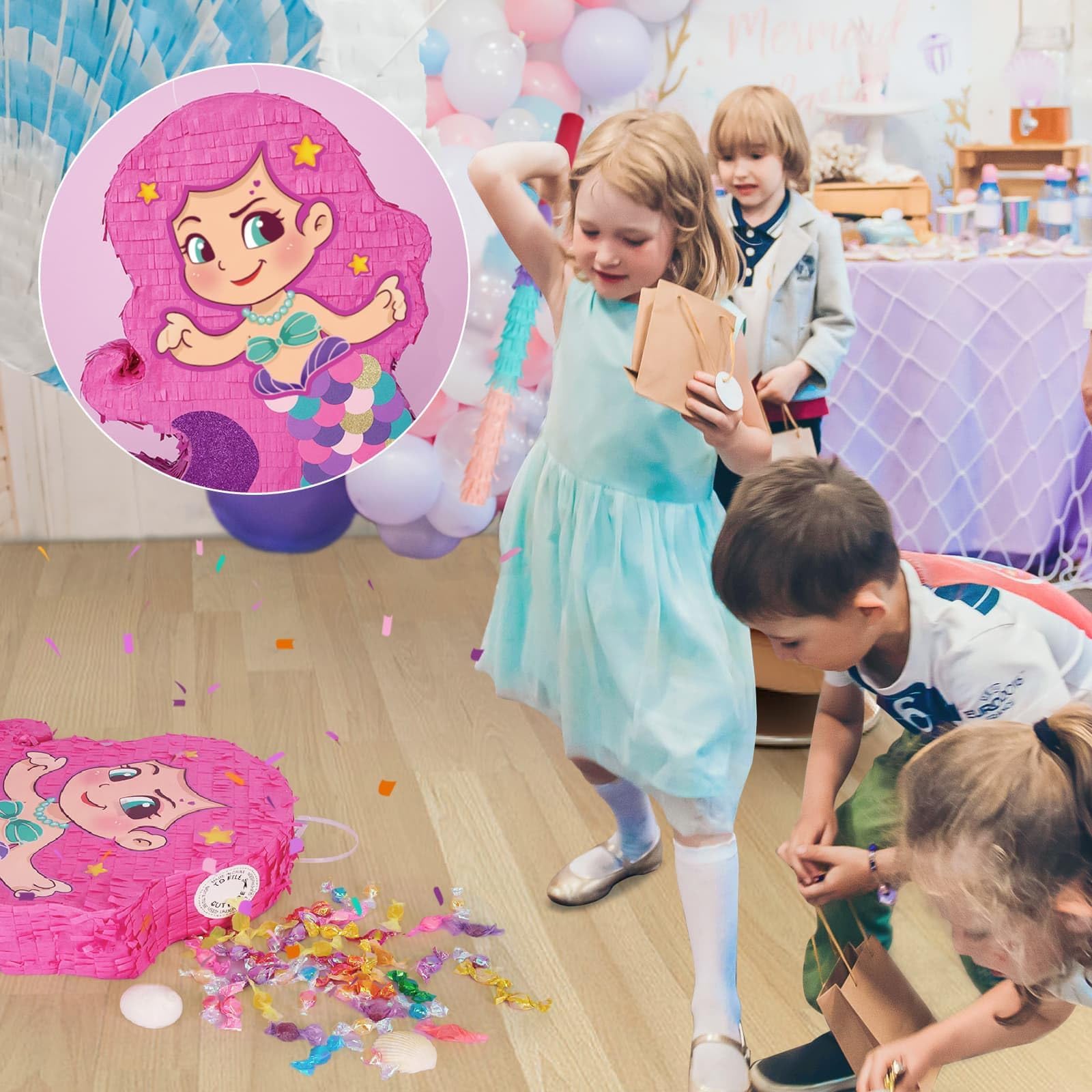 WERNNSAI Pignatta a forma di sirena, decorazione per feste di compleanno per ragazze, con pipistrello e benda per ragazze e bambini, per feste di compleanno, giochi sotto il mare, decorazione per