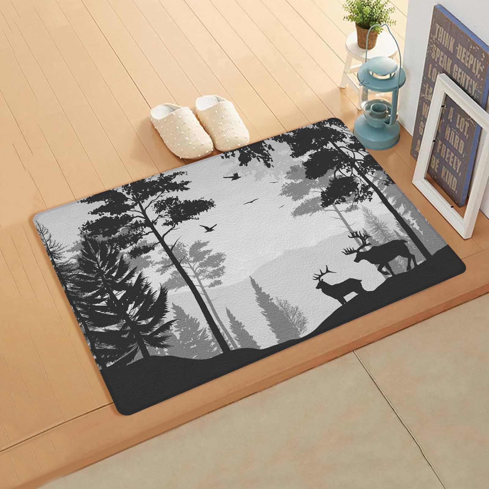 Foggy Forest Elk Kitchen Bath Door Mat Cushioned Runner Rug,Washable Welcome Floor Sink Antifatigue Mat,Waterproof & Non-Slip Comfort Standing Doormat,Retro Grey Black Moose Silhouette 18