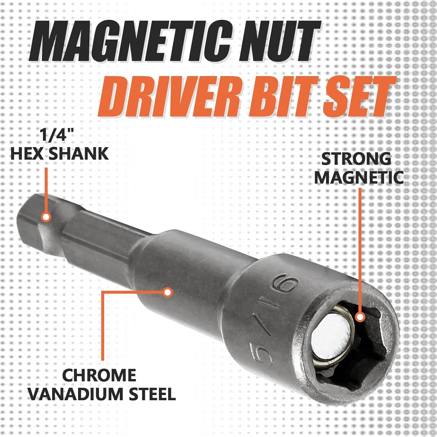 1/4 and 5/16 Inch Magnetic Nut Driver Bit Set, 12 Pcs Chrome Vanadium Steel Impact Drill Bits, Quick Change Socket Nut Driver Adapter with Hex Shank, 65mm Length