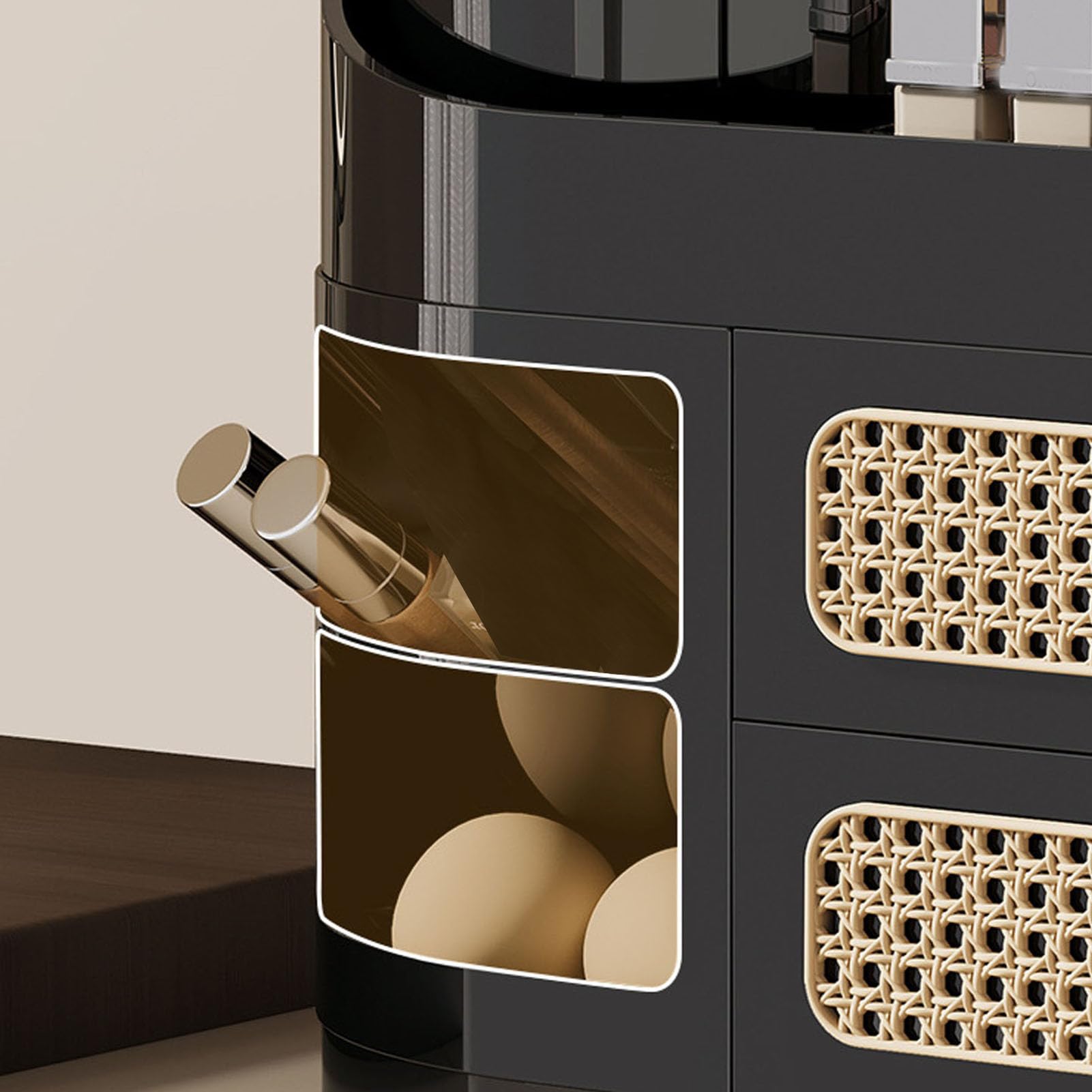 Asixxsix Organizer per Trucco da Scrivania in Rattan, con 2 Cassetti e Scomparti Multistrato per Cosmetici Cura della Pelle Vanity Bagno Controsoffitto Home Office (BLACK)