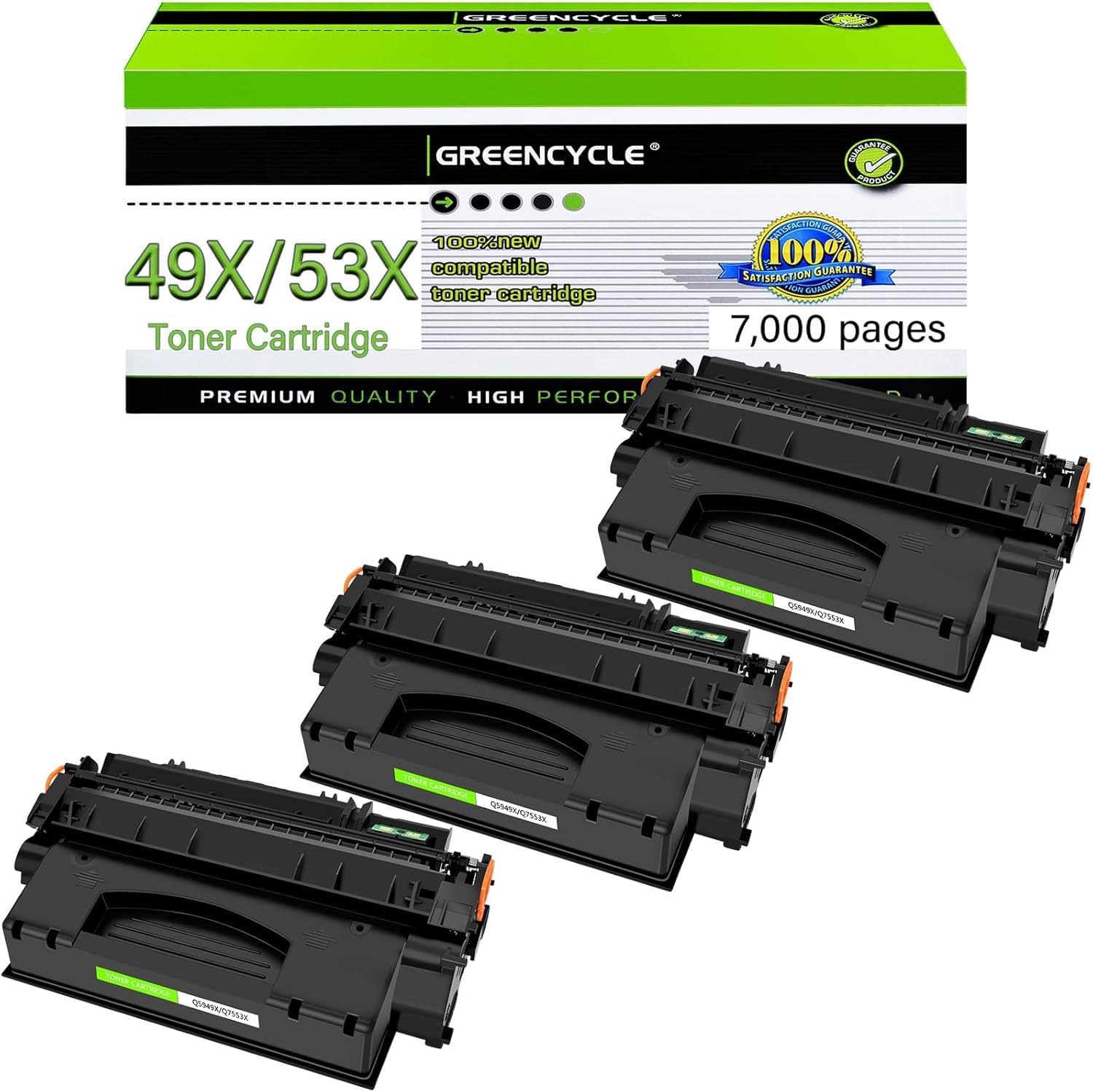 greencycle 3PK Compatible Toner Cartridge Replacement for HP 49X Q5949X 53X Q7553X use in 1320 1320n 1320nw 3390 3392 M2727nf P2015dn P2015 P2014 P2010 Series Printer (Black, 7000 Pages)