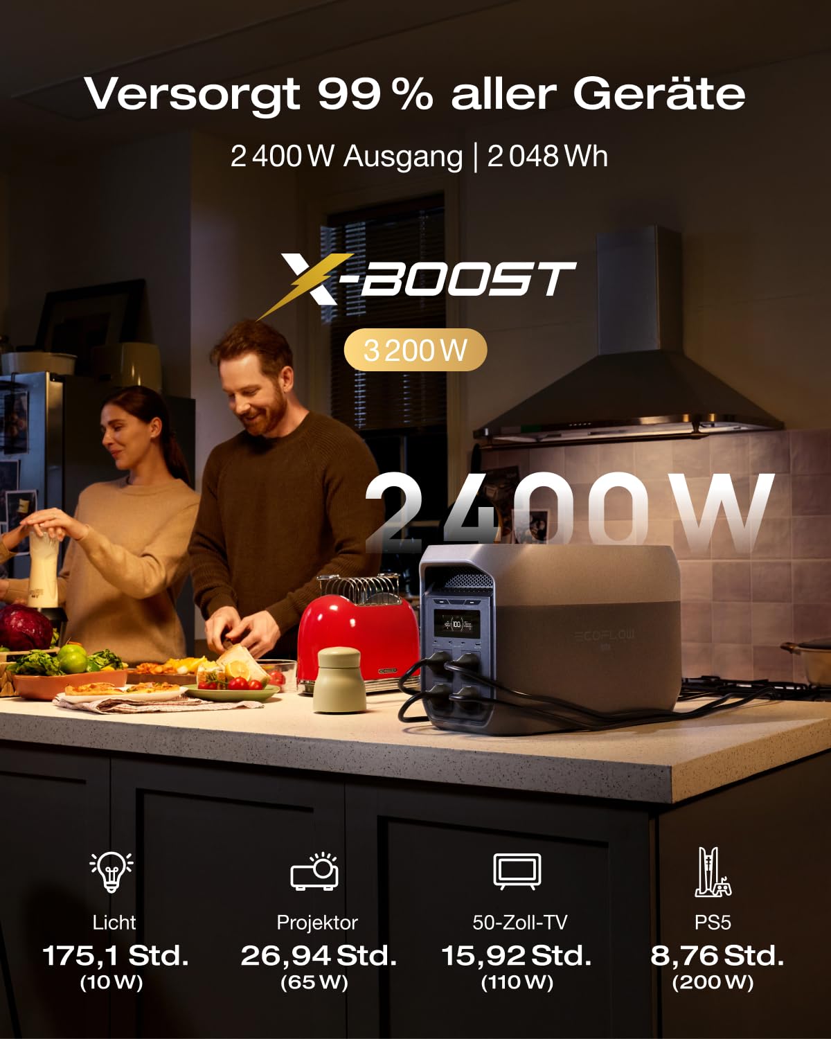ECOFLOW Delta 3 Max tragbare Powerstation 2 048 Wh, 2 400 W X-Boost Ausgang, 0–80% Ladung in nur 51 Minuten, LiFePO4 Batterie, Solargenerator für Zuhause, Stromausfälle, Wohnmobil, Outdoor