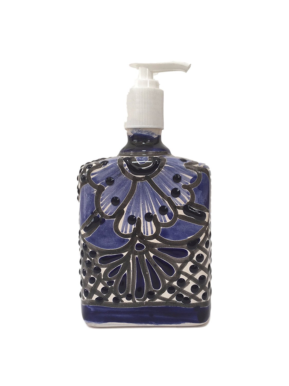 Blue and White Ceramic Soap and Lotion Dispenser, for Kitchen or Bathroom Countertops - Hand Painted Mexican Talavera Pottery Rust Proof Pump Jabonera Azul y Blanco