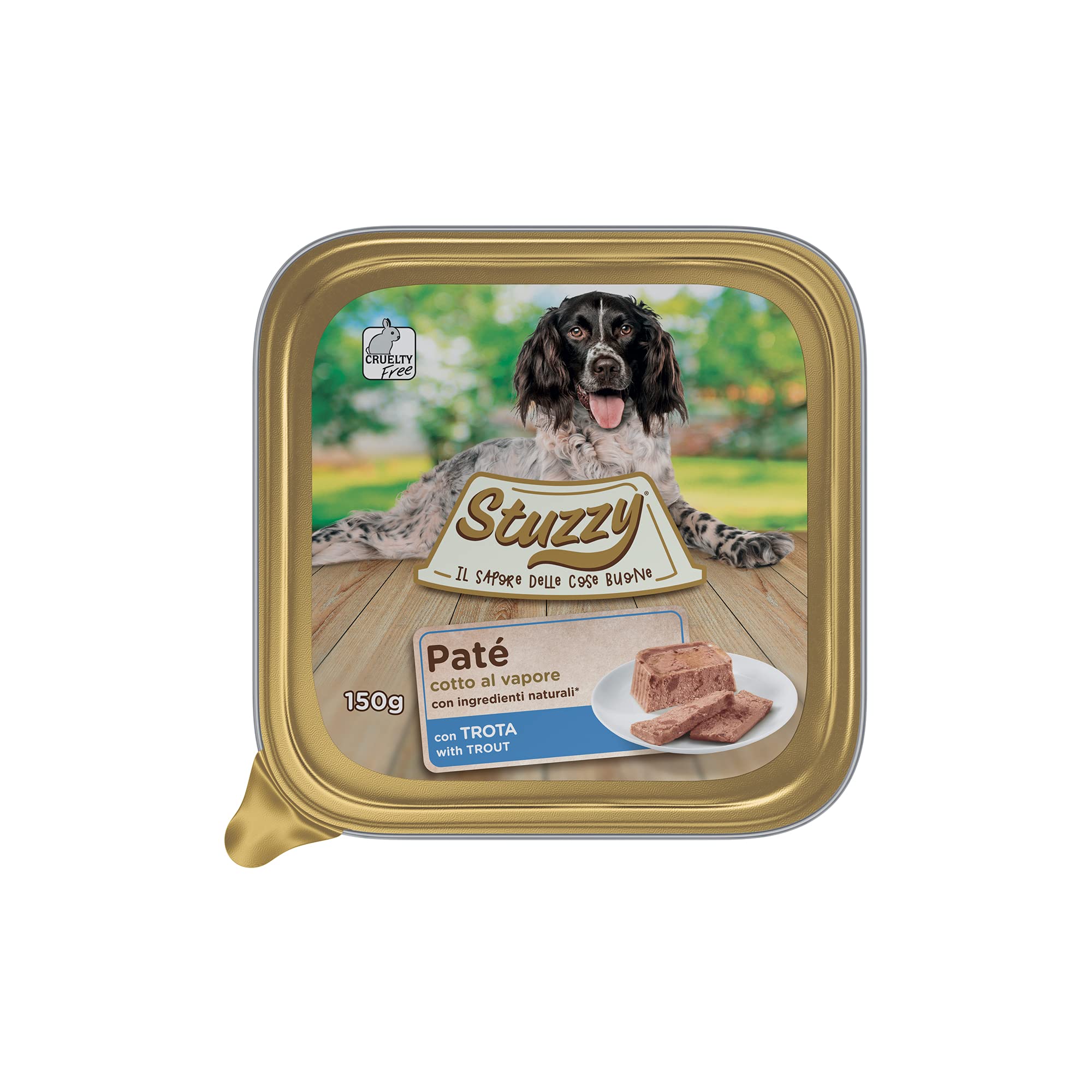 Mister Stuzzy, Comida húmeda para Perros Adultos, Sabor Trucha, paté y Carne en trozos - Total 3,3 kg (22 tarrinas x 150 gr)