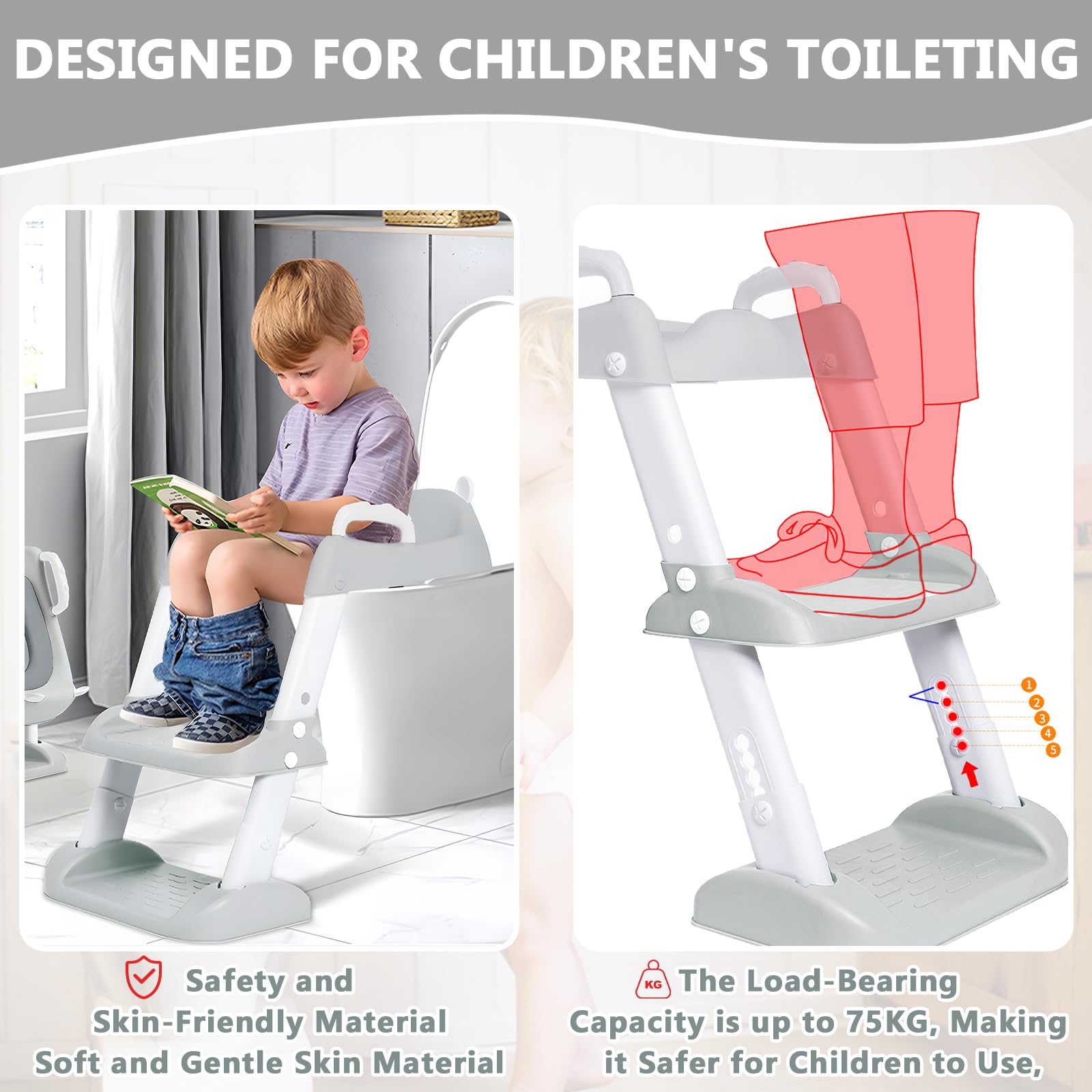 FAMKEEP Réducteur Toilette Enfant avec Escalier,Abattant WC Antidérapant Échelle Réducteur,Pliable et Réglable,Siège de Toilette Enfant avec PU Coussin Moelleux,Adapté Toilettes en Forme de V, U, O