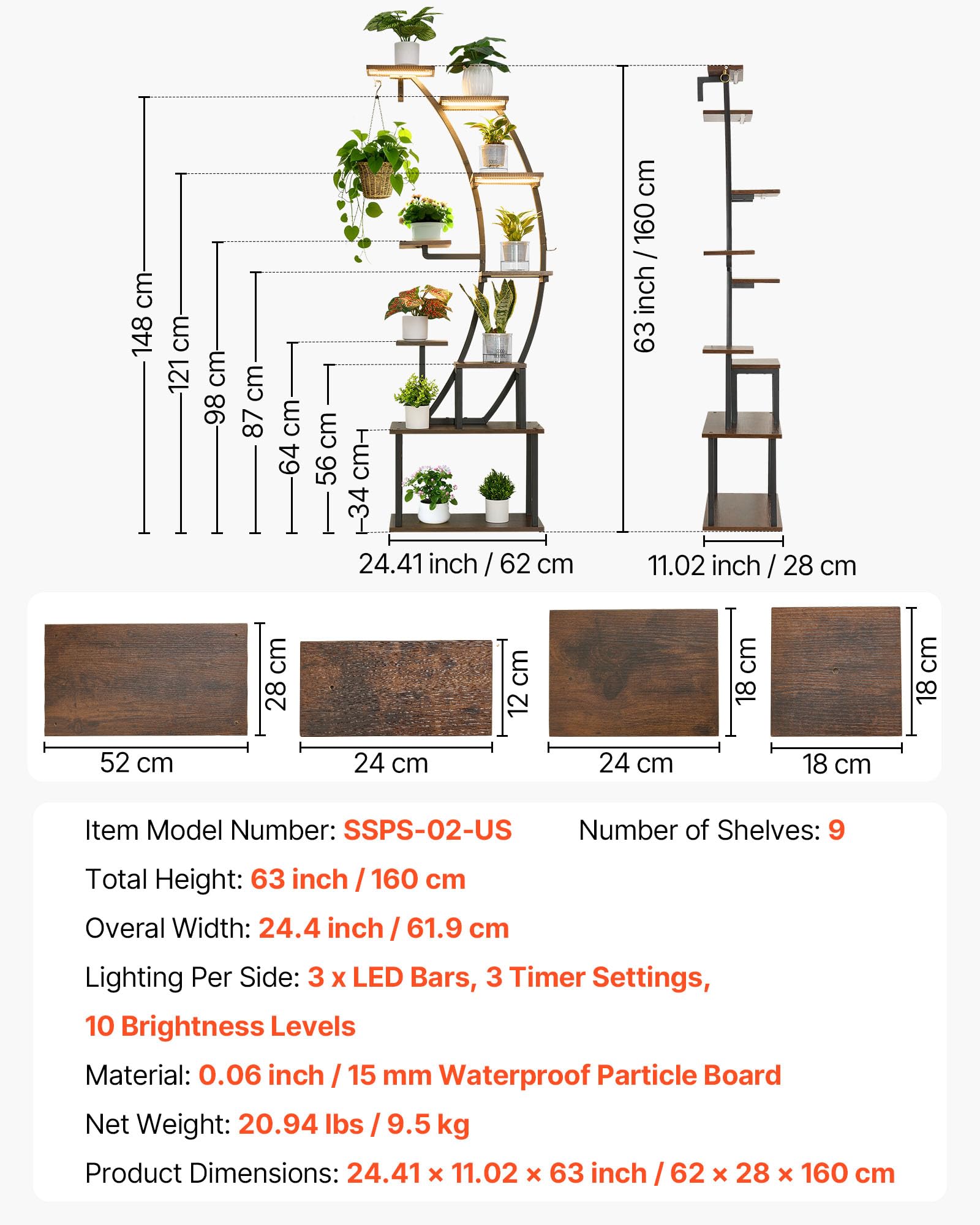 VEVOR Scaffale per Piante Moderno con Luci di Crescita, Scaffale Illuminato per Piante a 9 Livelli Alto 1600 mm, Supporto Angolato in Metallo, 3 Timer e 10 Livelli di Luminosità, Espositore per Fiori