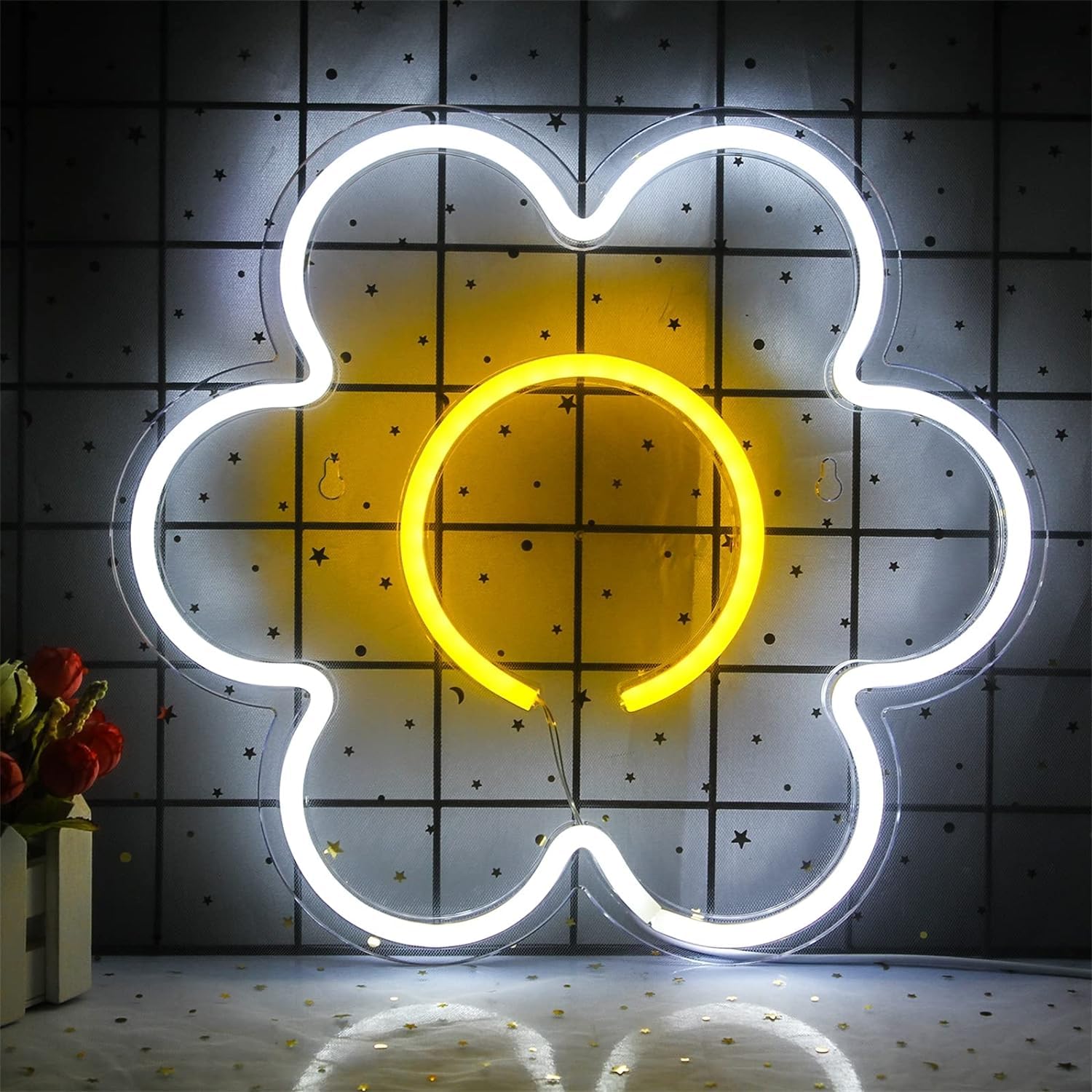 KIJyfgTR LED Neon Light Sign Flowers Neon Signs, LED USB Powered Children Room Party Wall Hanging Luminous Signboard Decor Neon Lights, 33X30cm