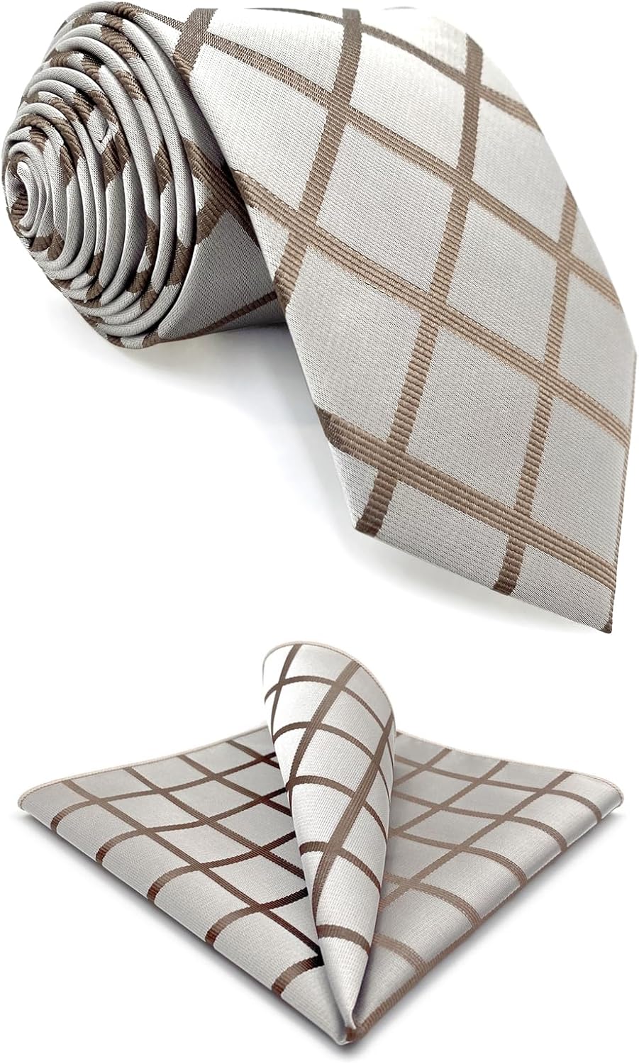 Cravatta Uomo S&W SHLAX&WING | Beige/Marrone Quadretti | Con Fazletto Da Taschino | Microfibra Di Alta Qualità - Foto 9