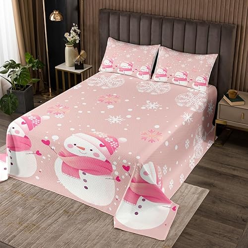 Miniatura 4 de Manfei Colcha de muñeco de nieve de Navidad, tamaño King, colcha acolchada con 2 fundas de almohada, juego de colcha rosa de Navidad de 3 piezas