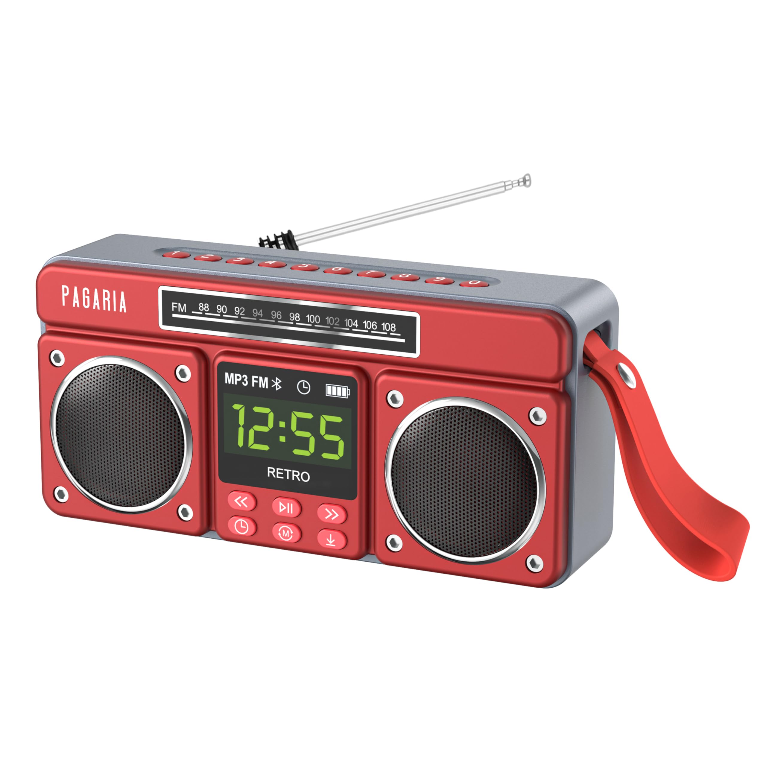 PAGARIA New Retro Portable FM Radio with 10 Watts Stereo Audio, Bluetooth Recording, Alarm Clock, USB/TF Card, Detachable External Antenna, Earphone & Aux Port (Red)