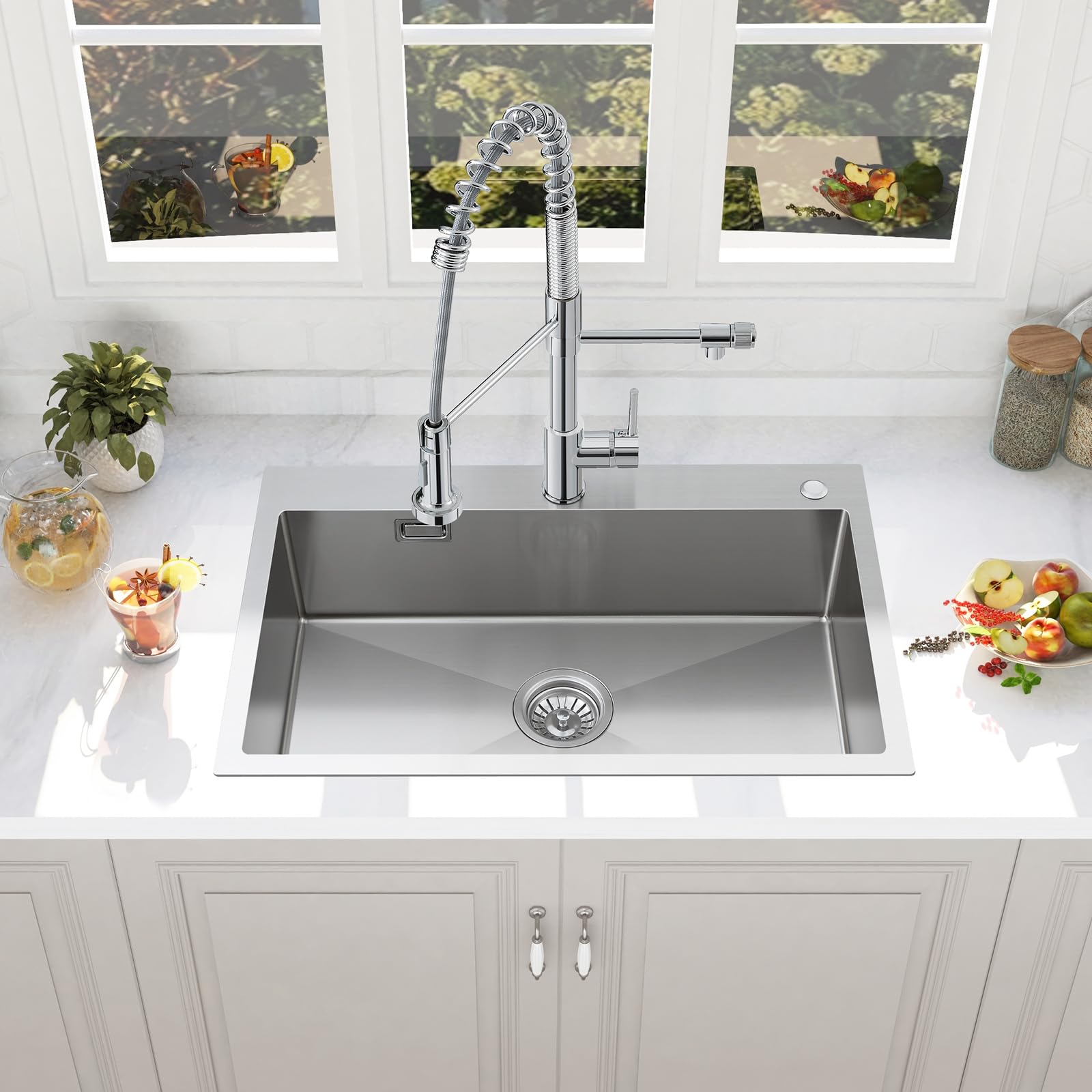 Lavandino in acciaio inox 304, 75 x 50 cm, lavello da incasso, lavello in acciaio inox con foro per rubinetto e troppopieno, lavello da cucina rettangolare per 80 cm