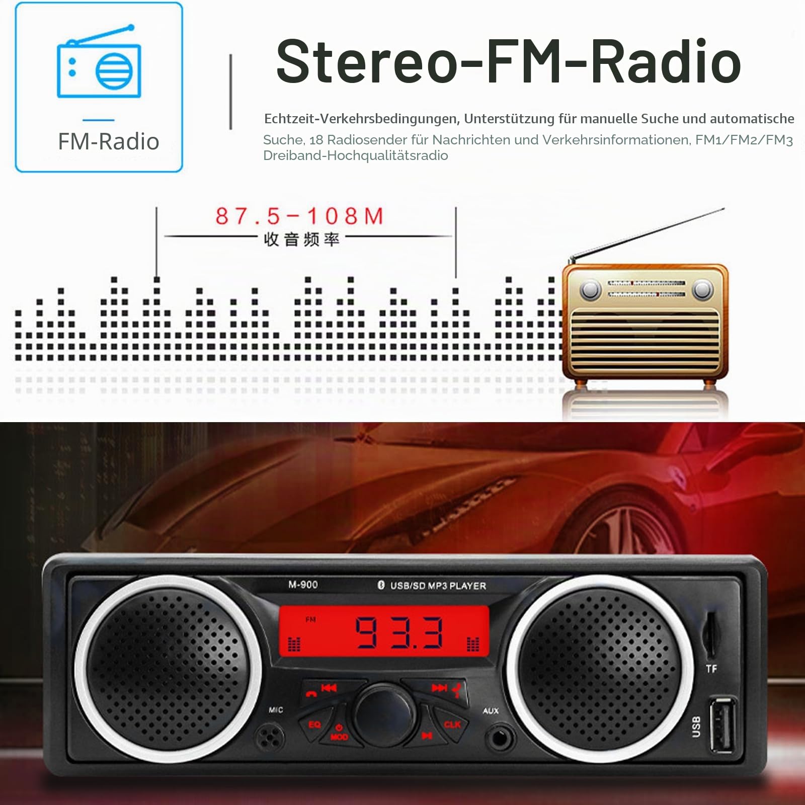 Single Din Auto-Stereo-Bluetooth, 1 DIN 12 V-24 V Autoradio mit zwei eingebauten Lautsprechern, Auto-FM-Audio-Multimedia-Player mit USB-AUX-Eingang, TF-Kartenanschluss