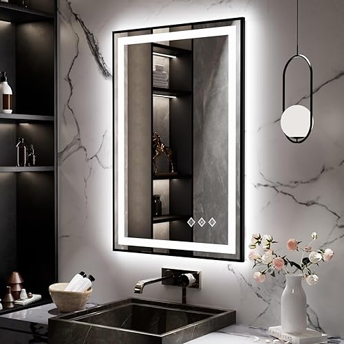Miniatura 1 de Espejo LED para baño, 24 x 36 pulgadas, marco negro degradado frontal y retroiluminado, 3 colores regulables CRI90, espejo de baño antivaho mejorado