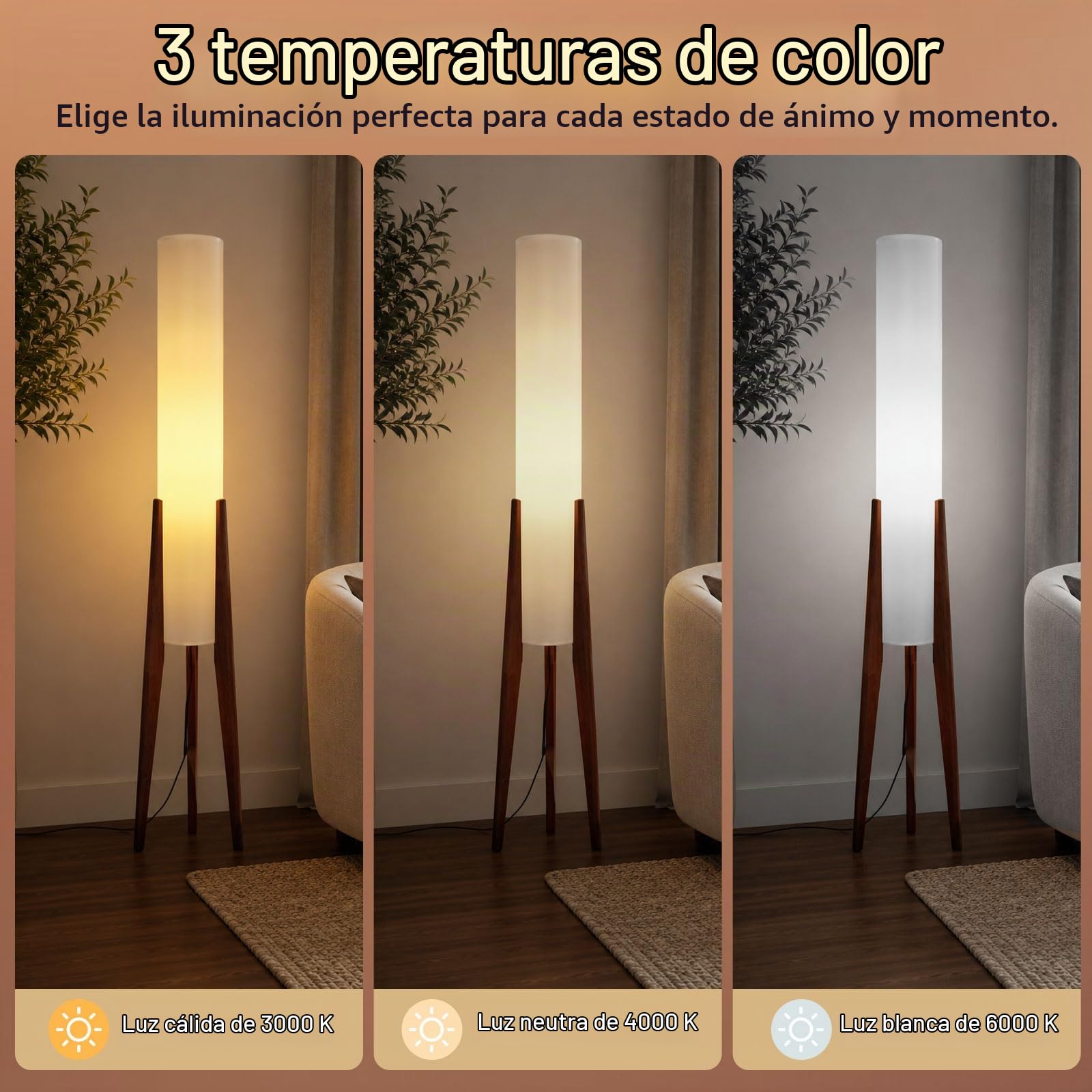 Lámpara De Pie Wabi-Sabi, Trípode De Madera, Farol De Papel | 128 CM, Pantalla Alta De Lino, Bombilla E27 Incluida, 3 Temperaturas, Pedal, Acabado Nogal, Salón, Dormitorio, Despacho