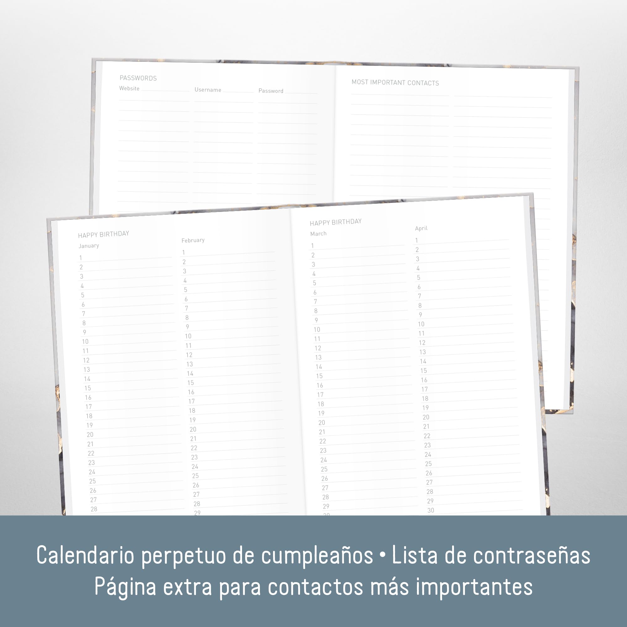 paper&you® Agenda A5 con índice A-Z [Mármol gris] para contactos, cumpleaños y contraseñas - sostenible & respetuosa con el clima