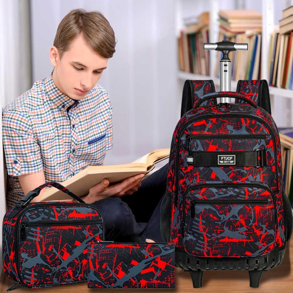 3Pcs Rolling Backpack for Boys, 19 Inche Adults Roller Bag with Wheels, Graffiti Wheeled Bookbag Set for Men(Red) - Image 8