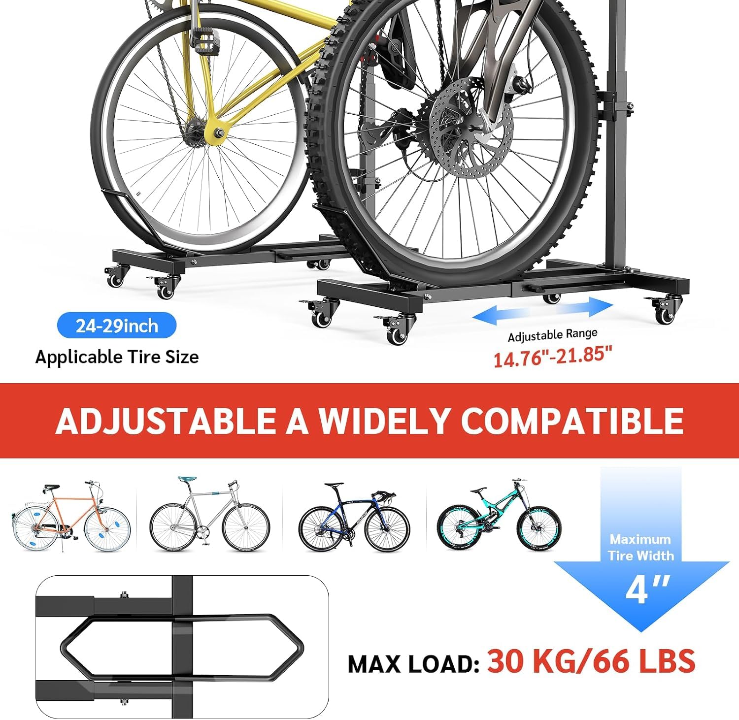 Support de sol de vélo réglable, support de vélo autonome, support de vélo pour VTT, VTT, vélo de course, largeur de pneu jusqu'à 8,5 cm