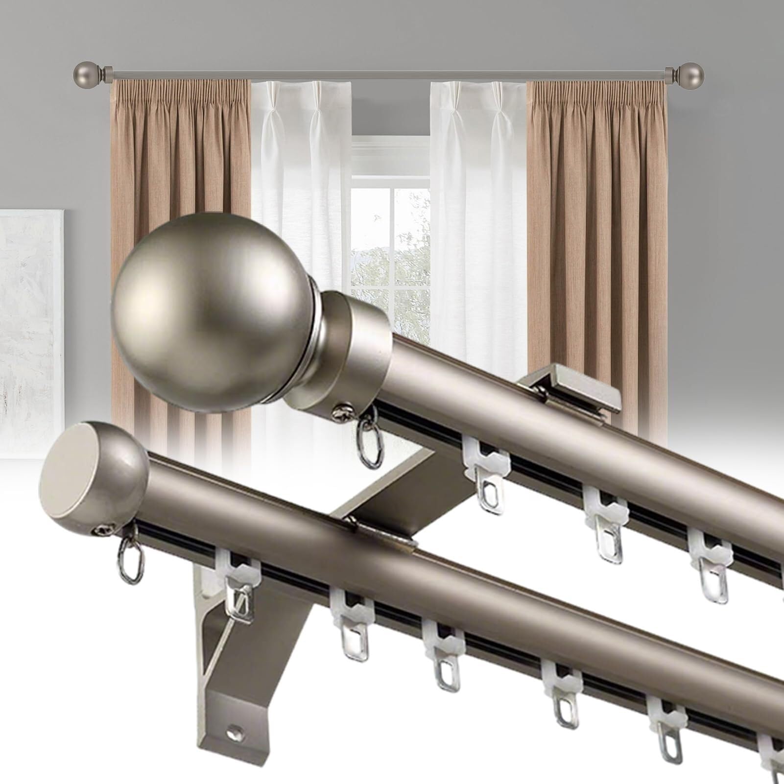 WQPMNYG Heavy-Duty Double Curtain Rods for Windows - Wall Mount Track Silent Room Divider Dual Rod Design Grey 1.5m/4.9ft - Perfect for Curtains and Home Decor