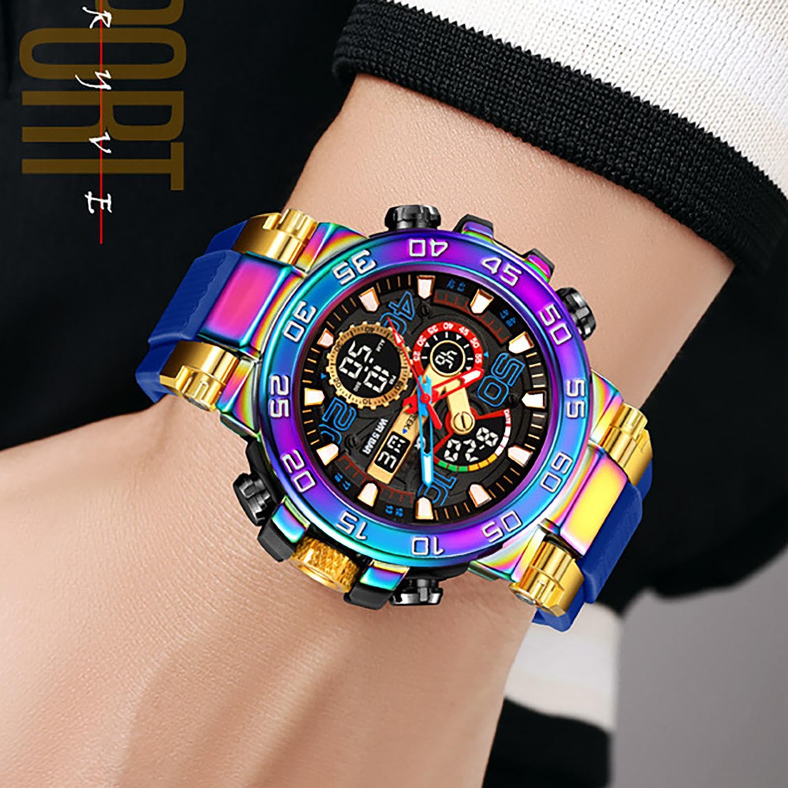 findtime Relojes coloridos para hombre 5ATM resistente al agua reloj digital con doble hora 12/24H indicador LED fecha cronómetro reloj grande para hombre moderno diseño militar