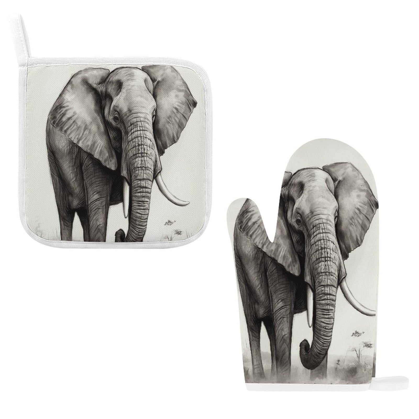 Fodpand Style Elephant Sketch Oven Mitts And Pot Holders Sets