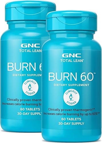 GNC Total Lean Burn 60, termogénicos para ayudar a reducir la ingesta de calorías, paquete doble, 60 comprimidos por botella
